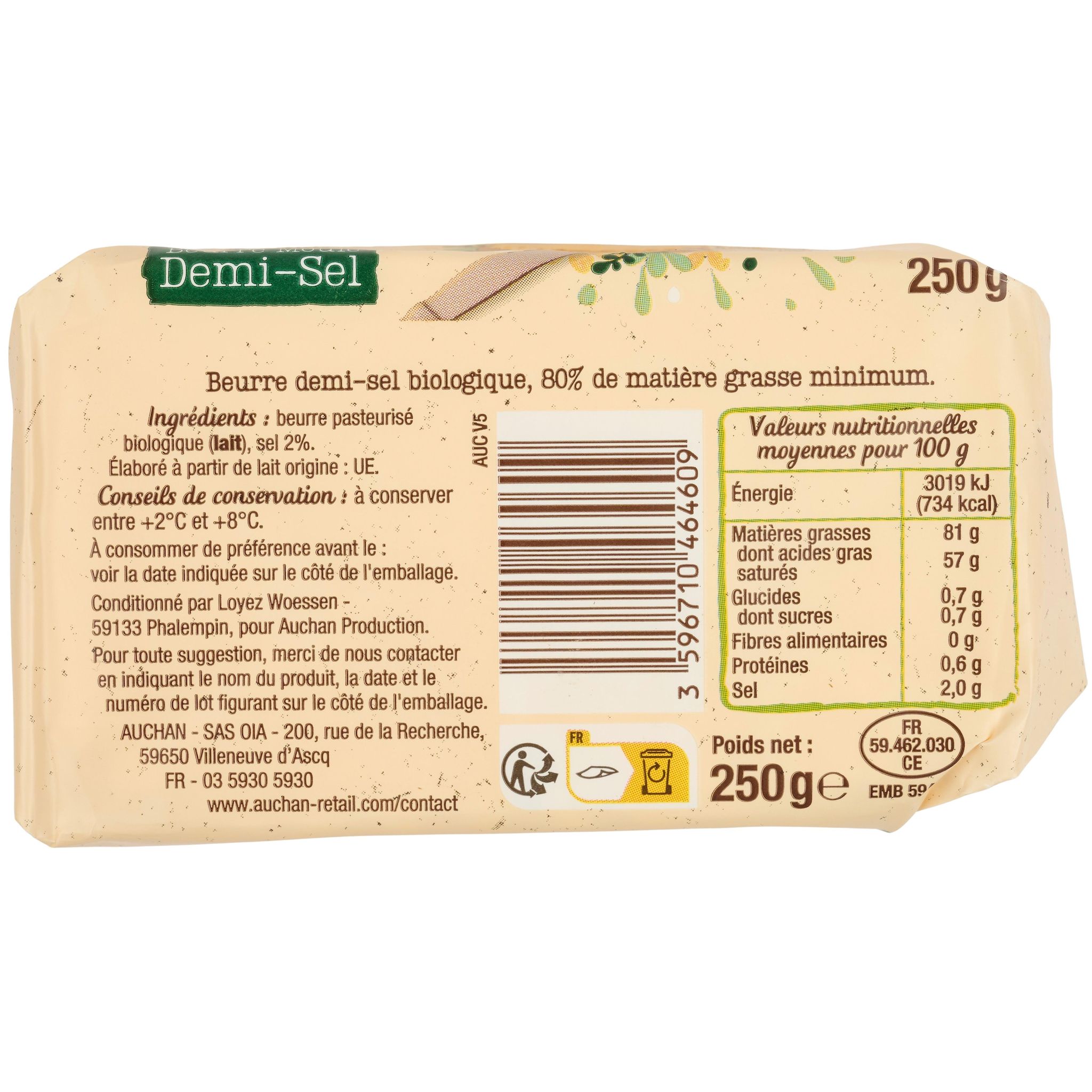 Voir la diapositive 3 : AUCHAN BIO Beurre moulé demi-sel 81%MG bio 250g