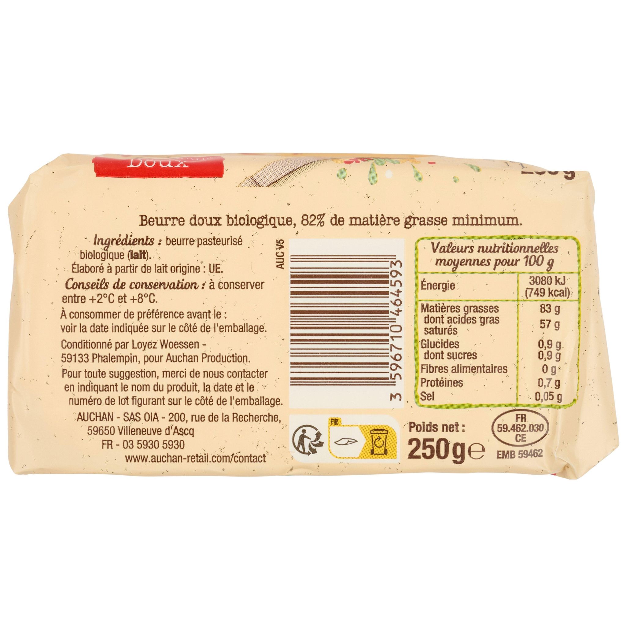 Voir la diapositive 2 : AUCHAN BIO Beurre moulé doux 83%MG bio 250g