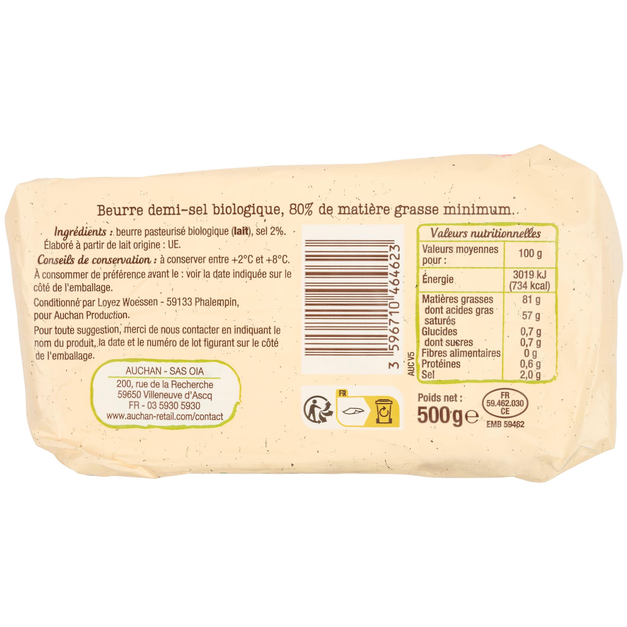 Voir la diapositive 2 : AUCHAN BIO Beurre moulé demi-sel 81%MG bio 500g