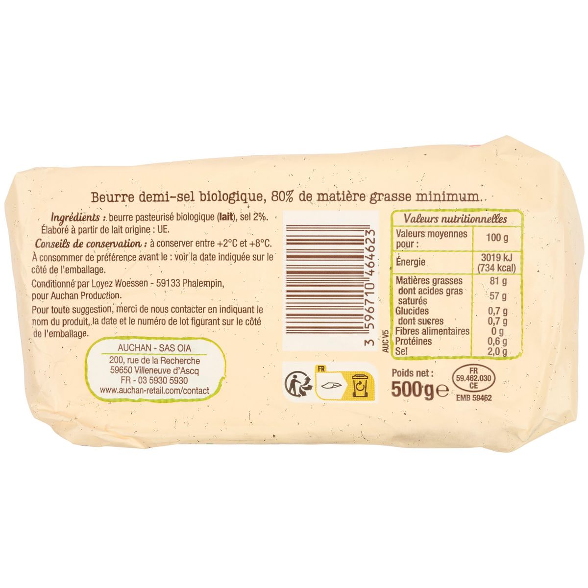 AUCHAN BIO Beurre moulé demi-sel 500g