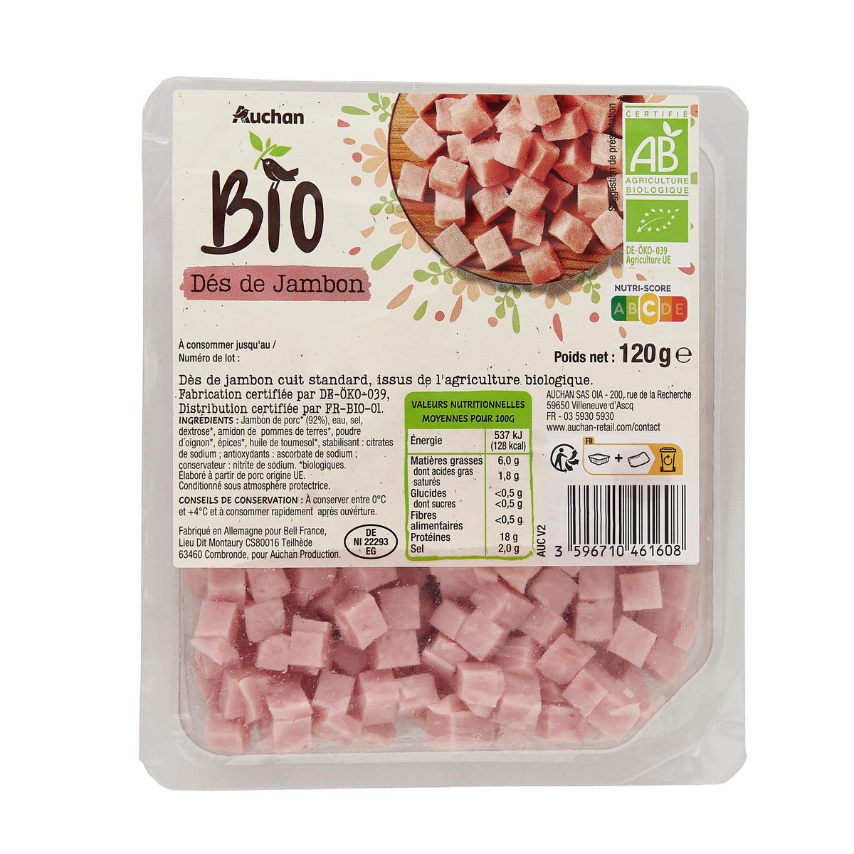 AUCHAN BIO Dès de jambon 120g