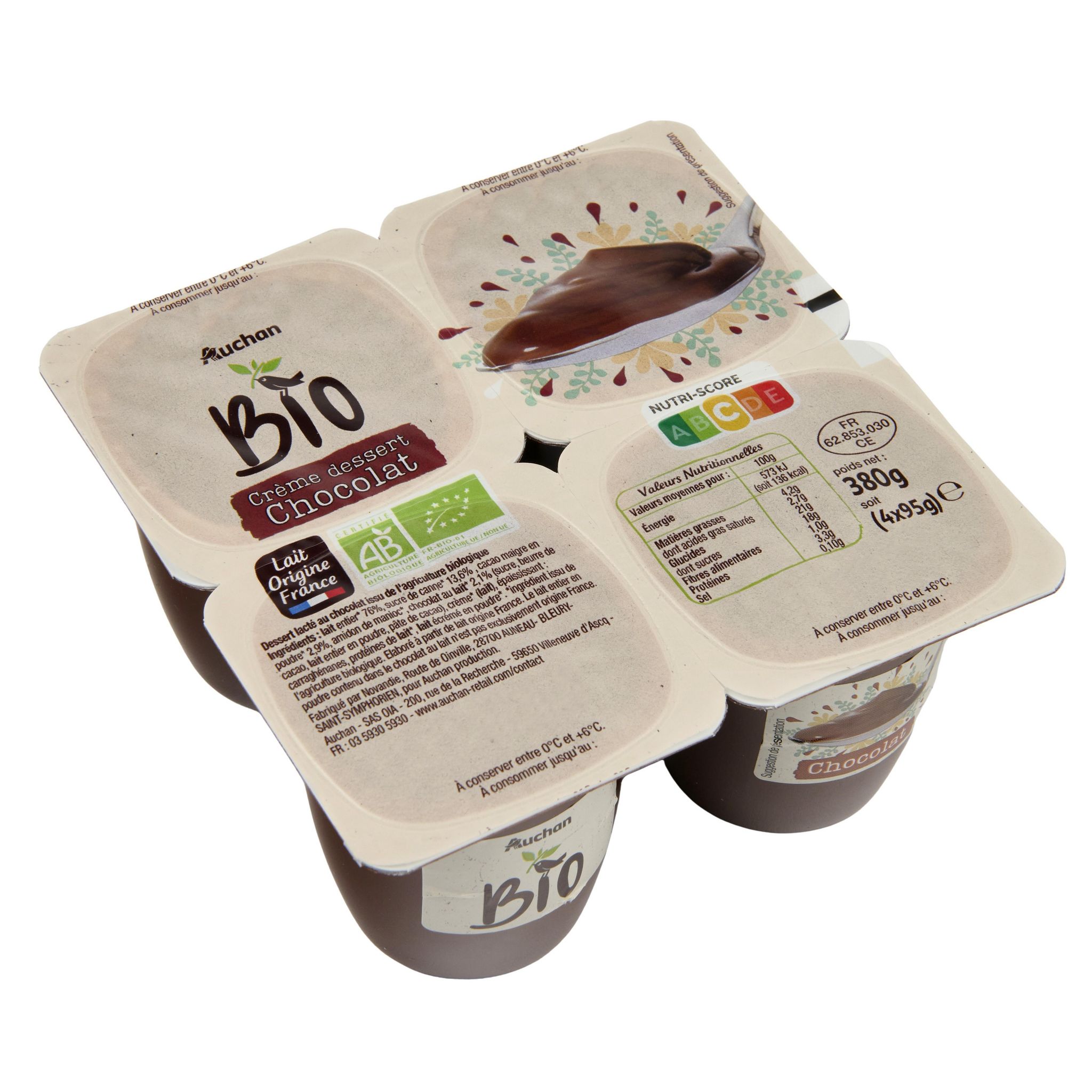 Voir la diapositive 2 : AUCHAN BIO CULTIVONS LE BON Crème dessert au chocolat 4x95g