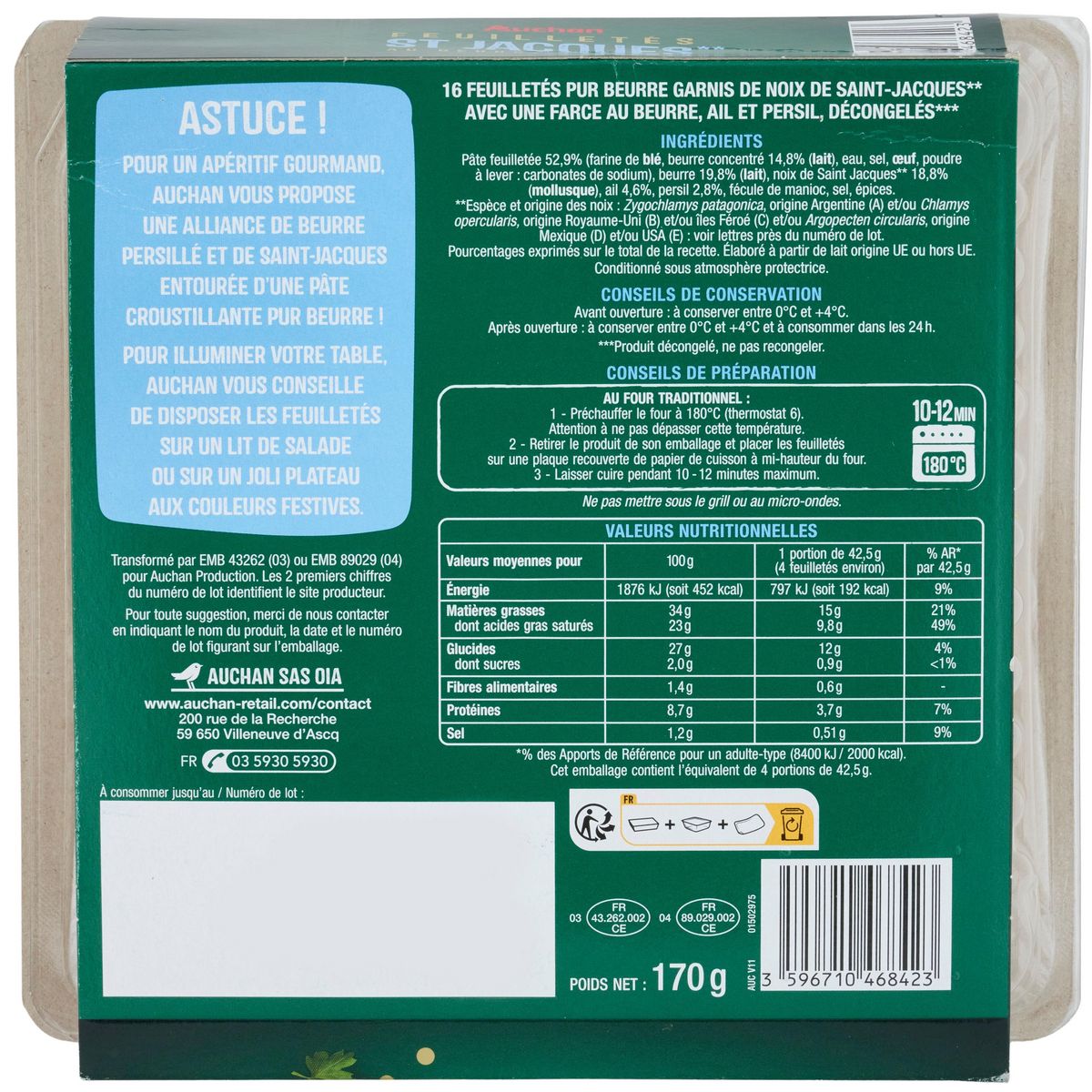 AUCHAN Feuilletés de St Jacques au beurre persillé 16 pièces 170g