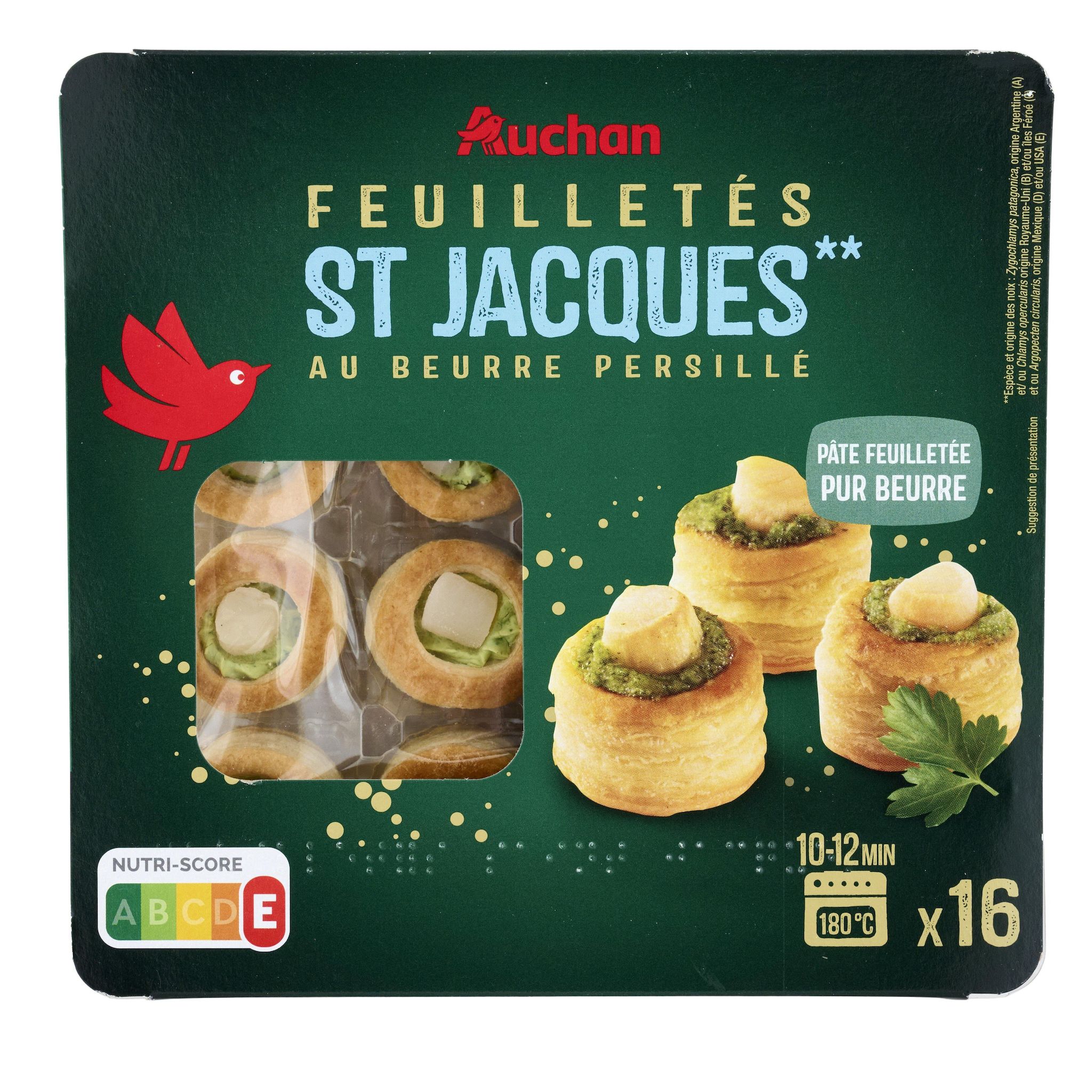 Voir la diapositive 2 : AUCHAN Feuilletés de St Jacques au beurre persillé 16 pièces 170g