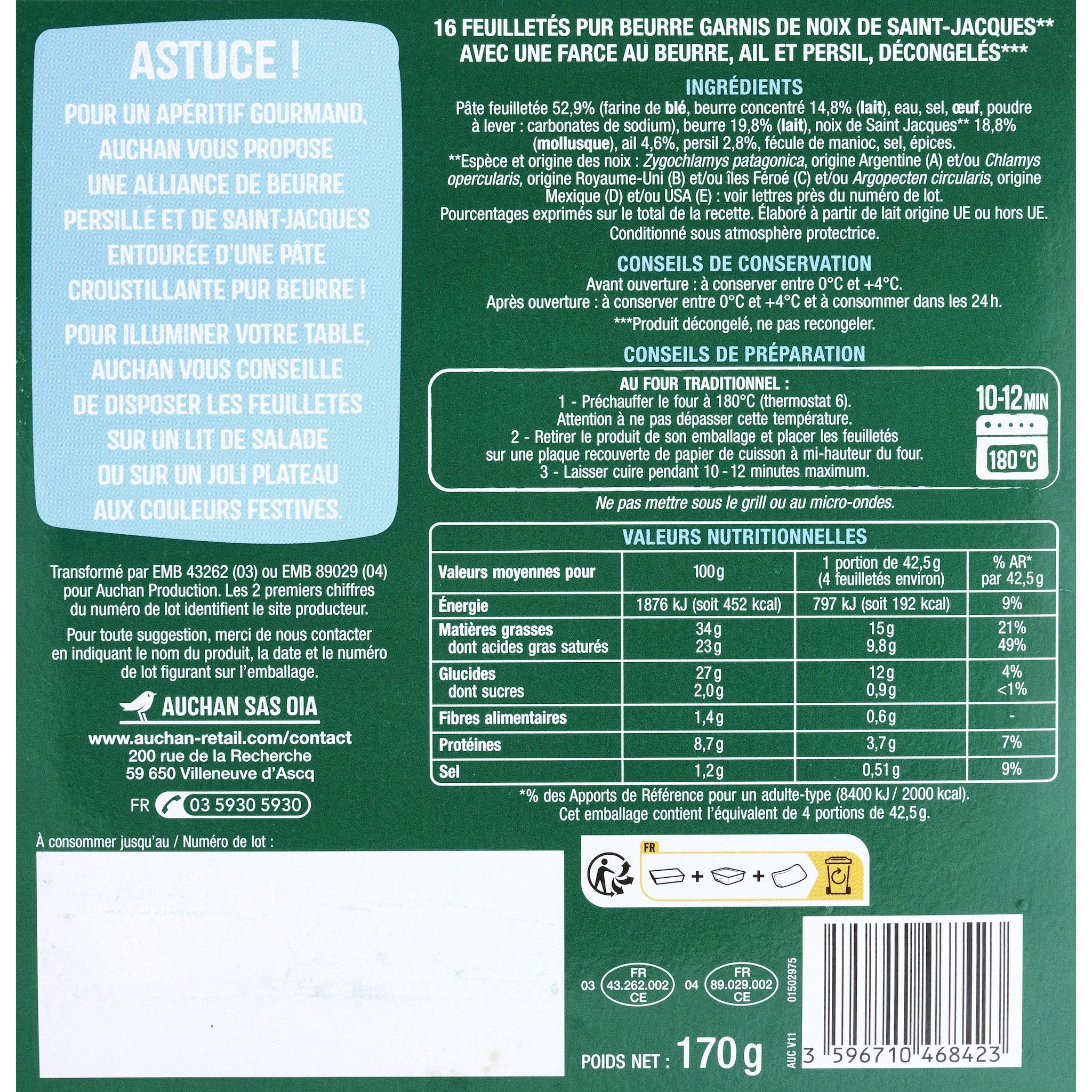Voir la diapositive 3 : AUCHAN Feuilletés de St Jacques au beurre persillé 16 pièces 170g