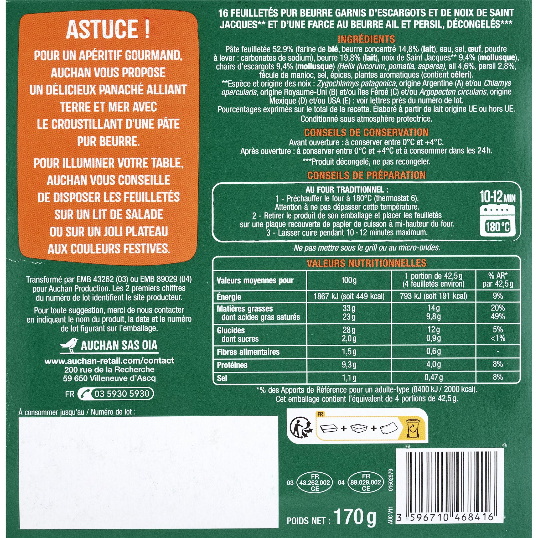 Voir la diapositive 2 : AUCHAN Feuilletés escargots et St Jacques au beurre persillé 16 pièces 170g