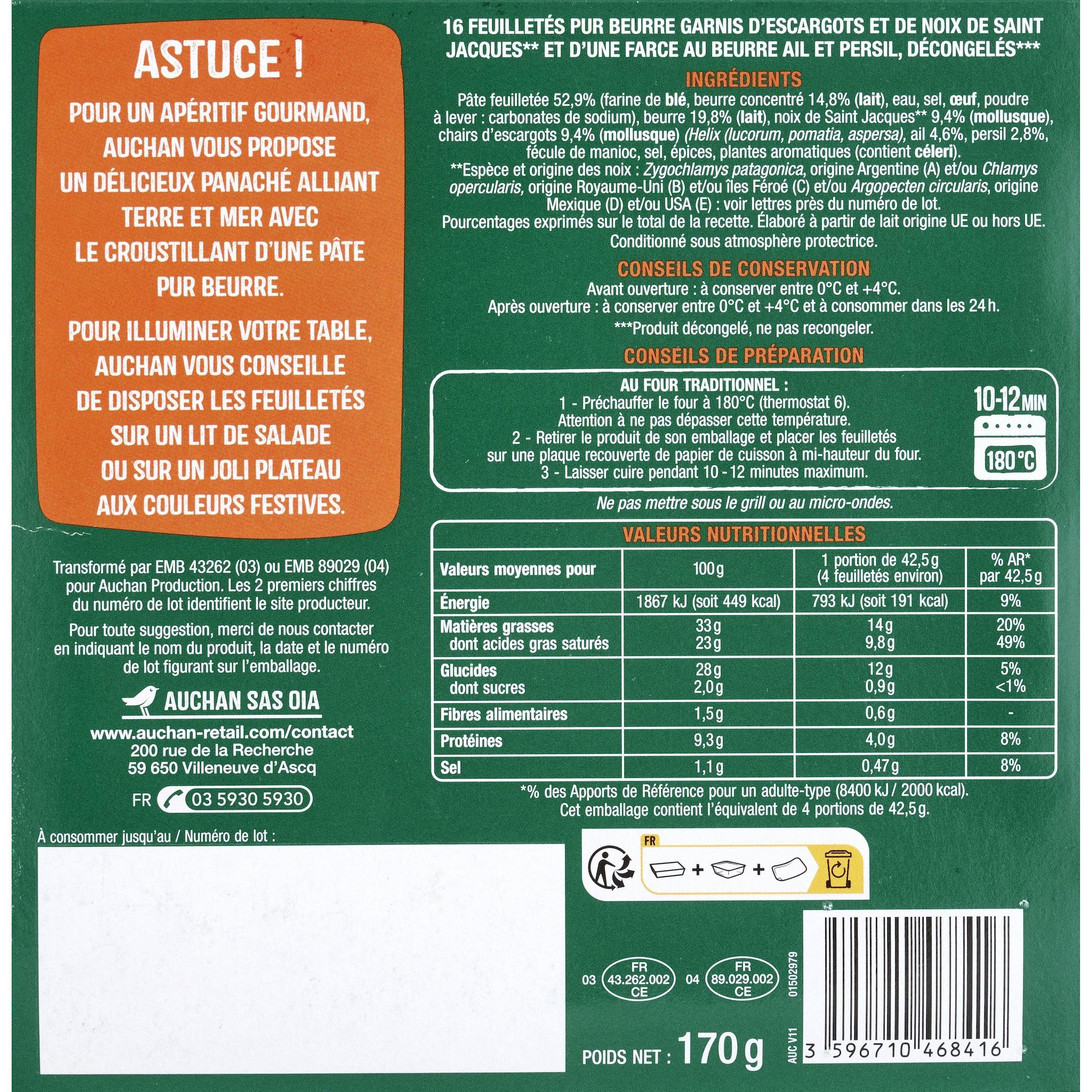 Voir la diapositive 3 : AUCHAN Feuilletés escargots et St Jacques au beurre persillé 16 pièces 170g