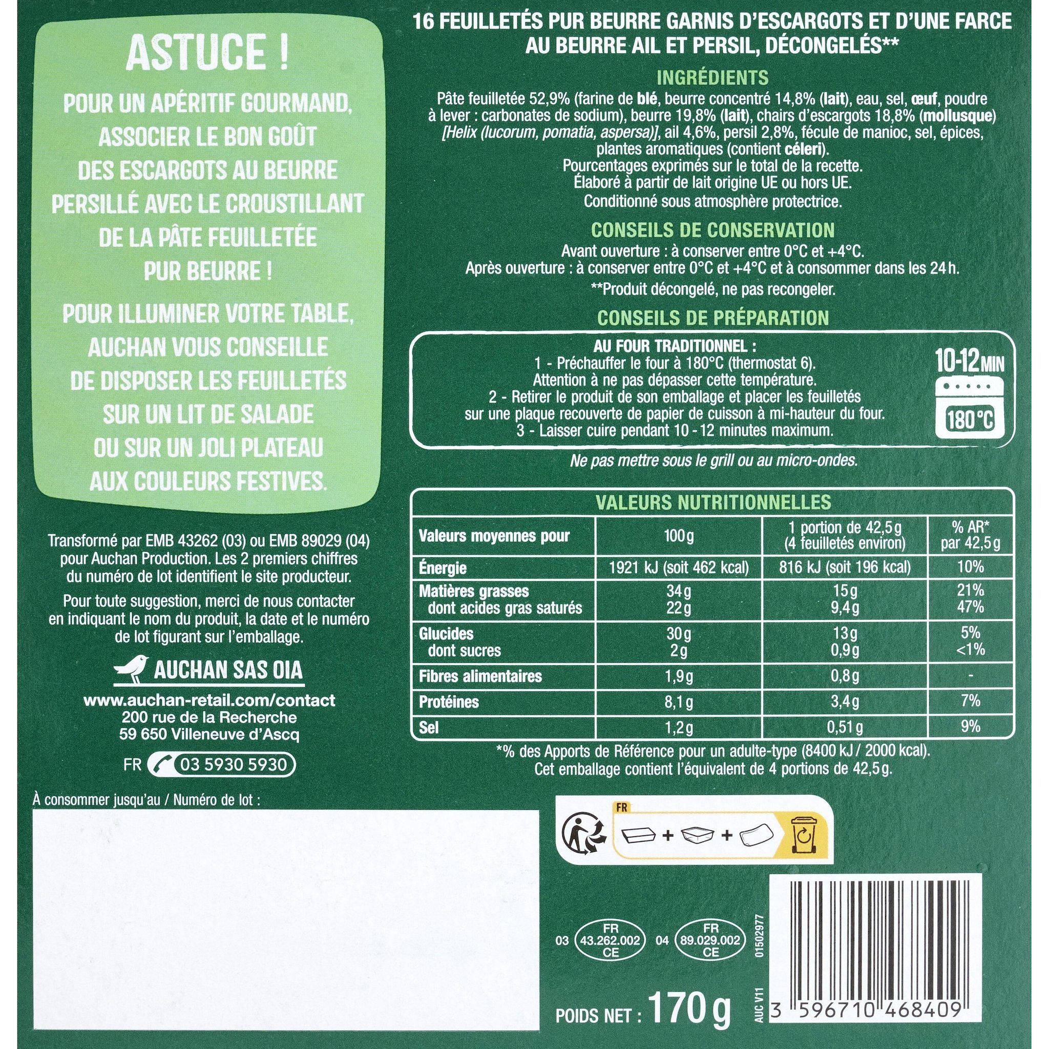 Voir la diapositive 2 : AUCHAN Feuilletés aux escargots et beurre persillé 16 pièces 170g