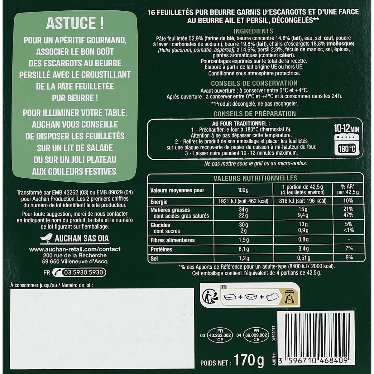 AUCHAN Feuilletés aux escargots et beurre persillé 16 pièces 170g