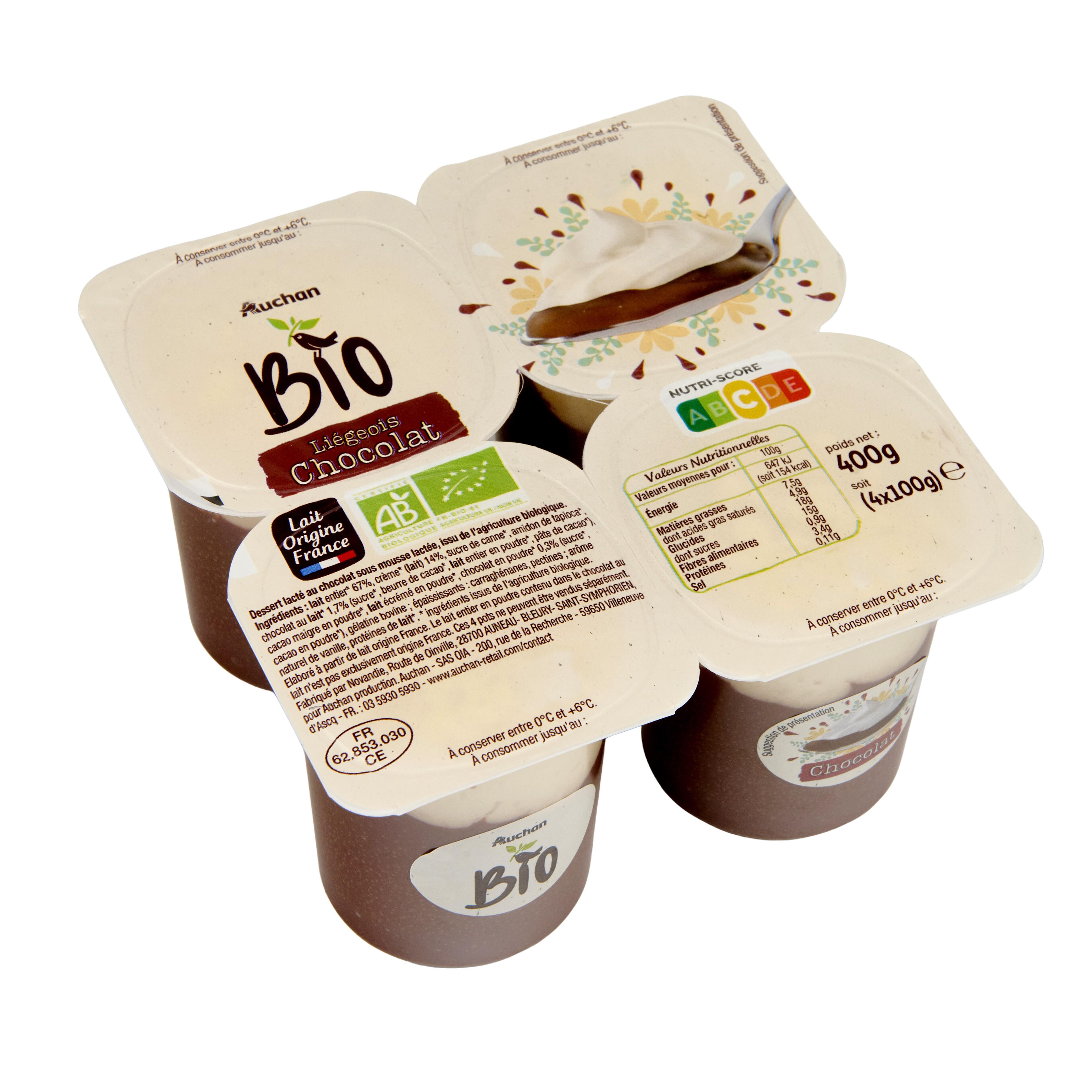 Voir la diapositive 2 : AUCHAN BIO CULTIVONS LE BON Liégeois au chocolat 4x100g