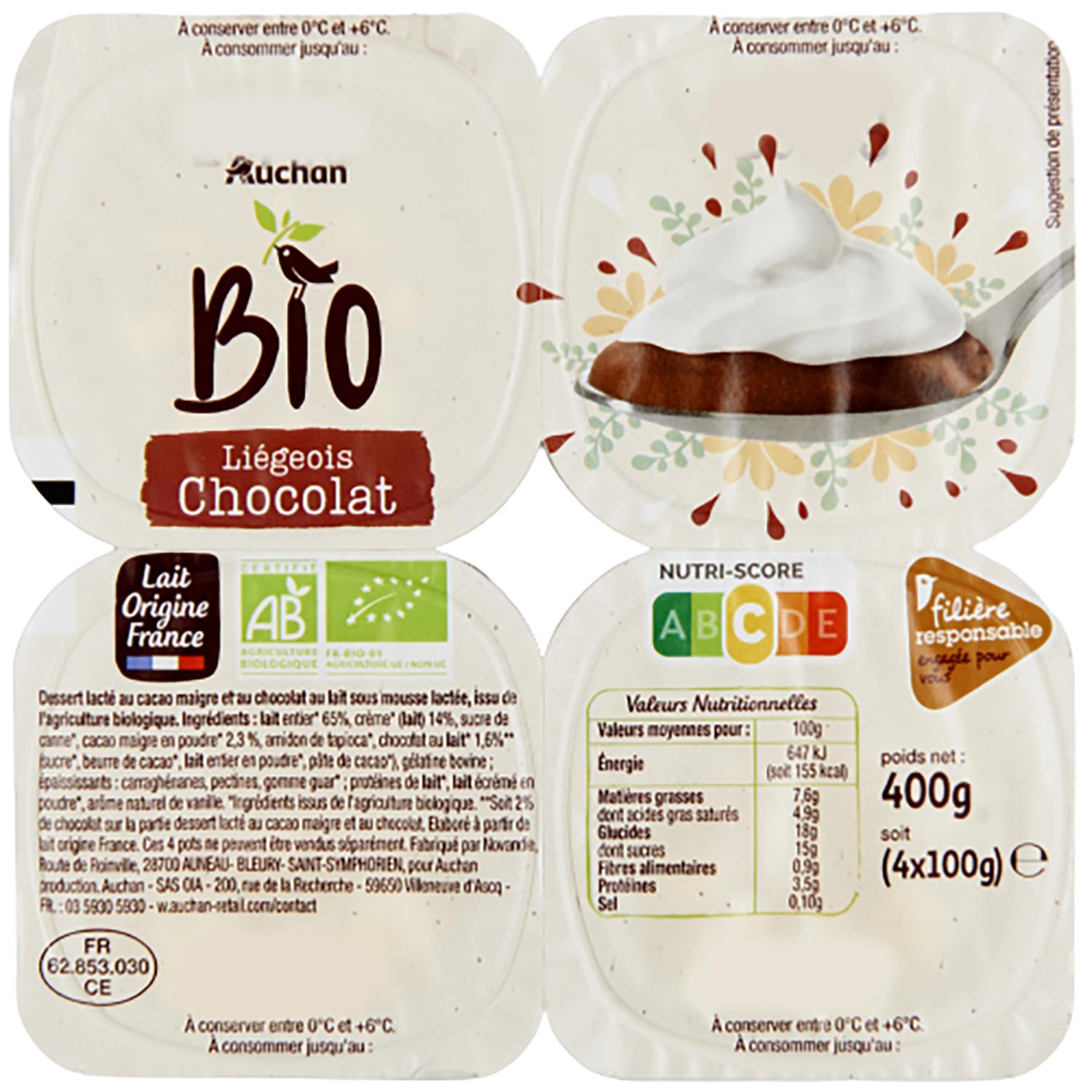 Voir la diapositive 3 : AUCHAN BIO CULTIVONS LE BON Liégeois au chocolat 4x100g