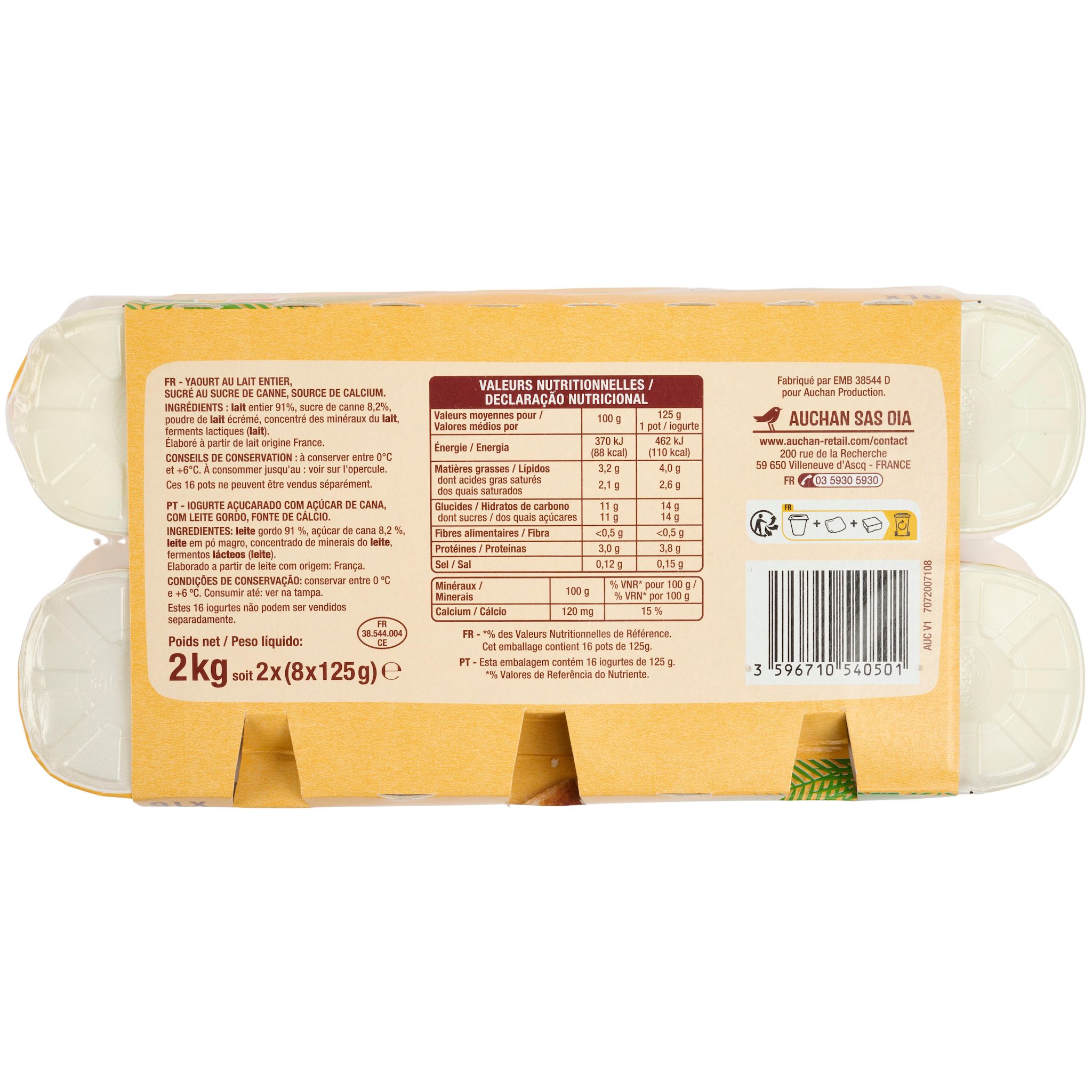 Voir la diapositive 3 : AUCHAN Yaourt nature au sucre de canne 16x125g