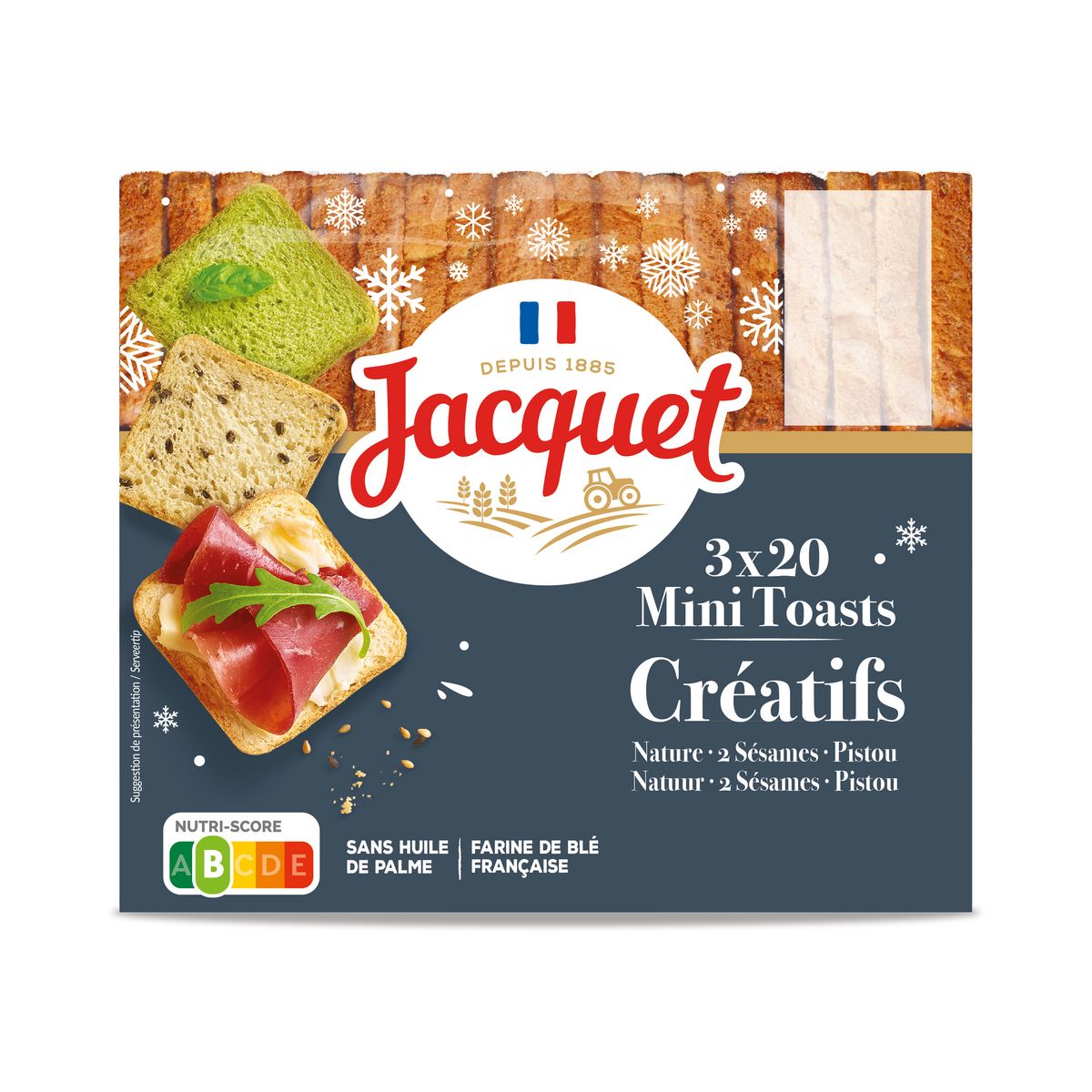 JACQUET Créatifs Mini toasts nature pistou et céréale maltée 3x20 pièces 255g