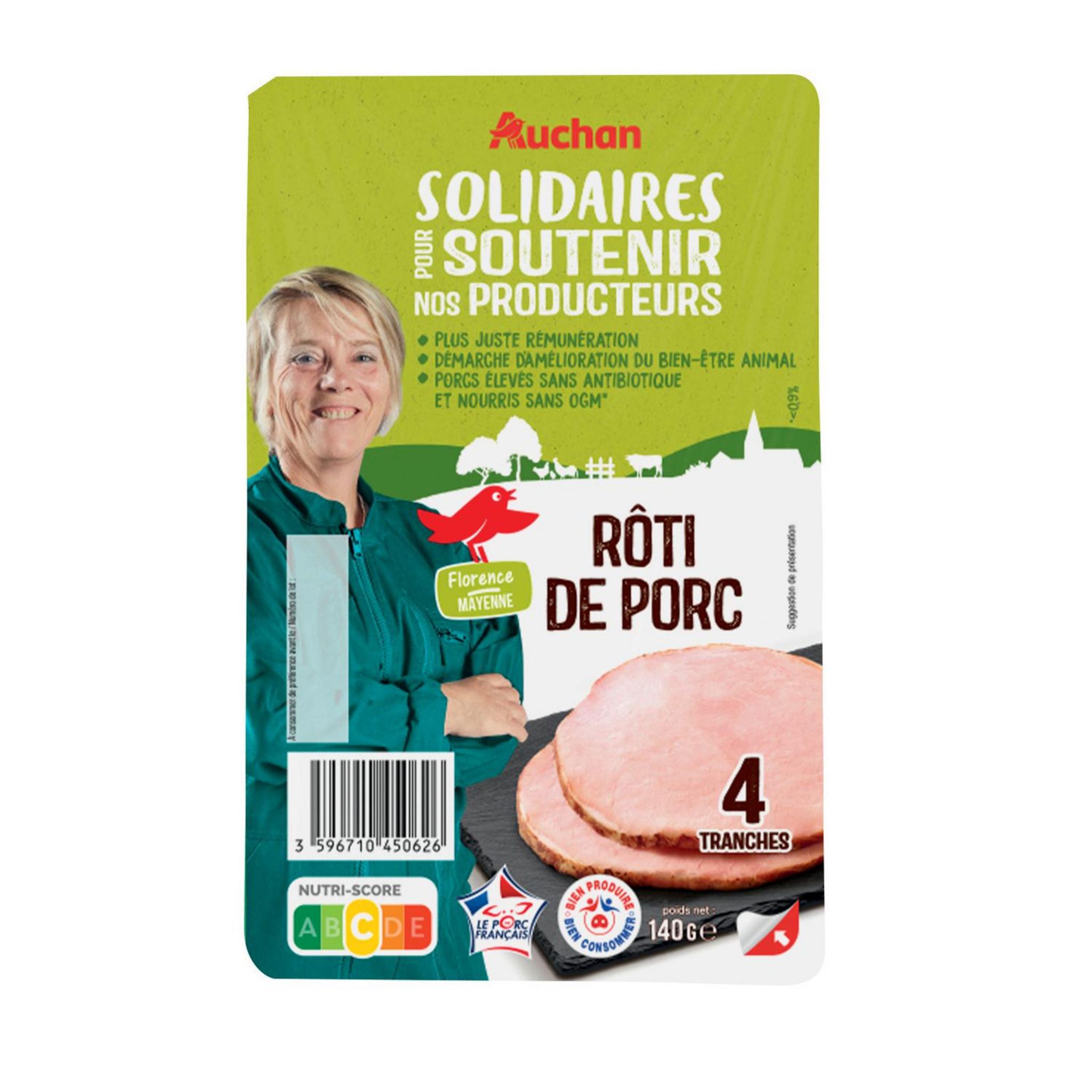 Voir la diapositive 2 : AUCHAN SOLIDAIRES Rôti de porc  4 tranches 140g