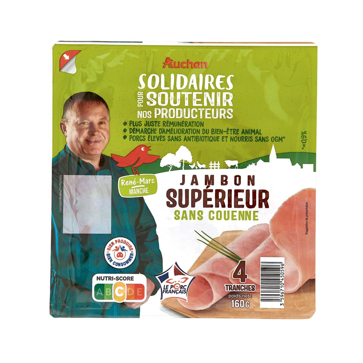 AUCHAN SOLIDAIRES Jambon supérieur 4 tranches 160g
