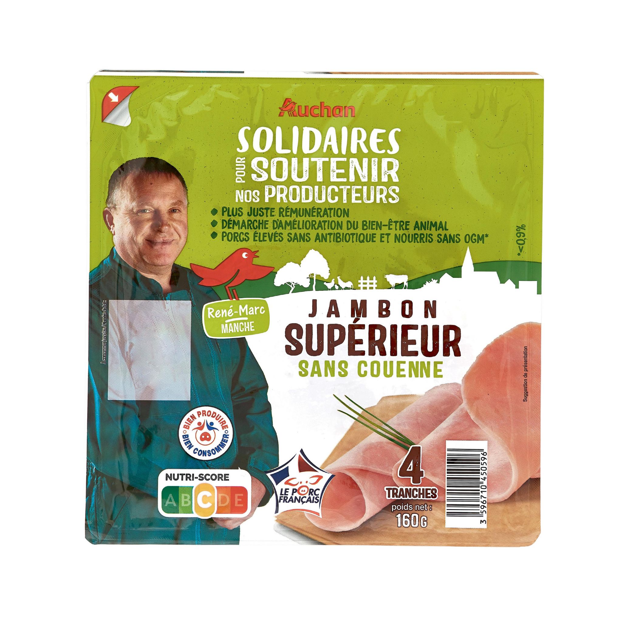 Voir la diapositive 2 : AUCHAN SOLIDAIRES Jambon supérieur 4 tranches 160g