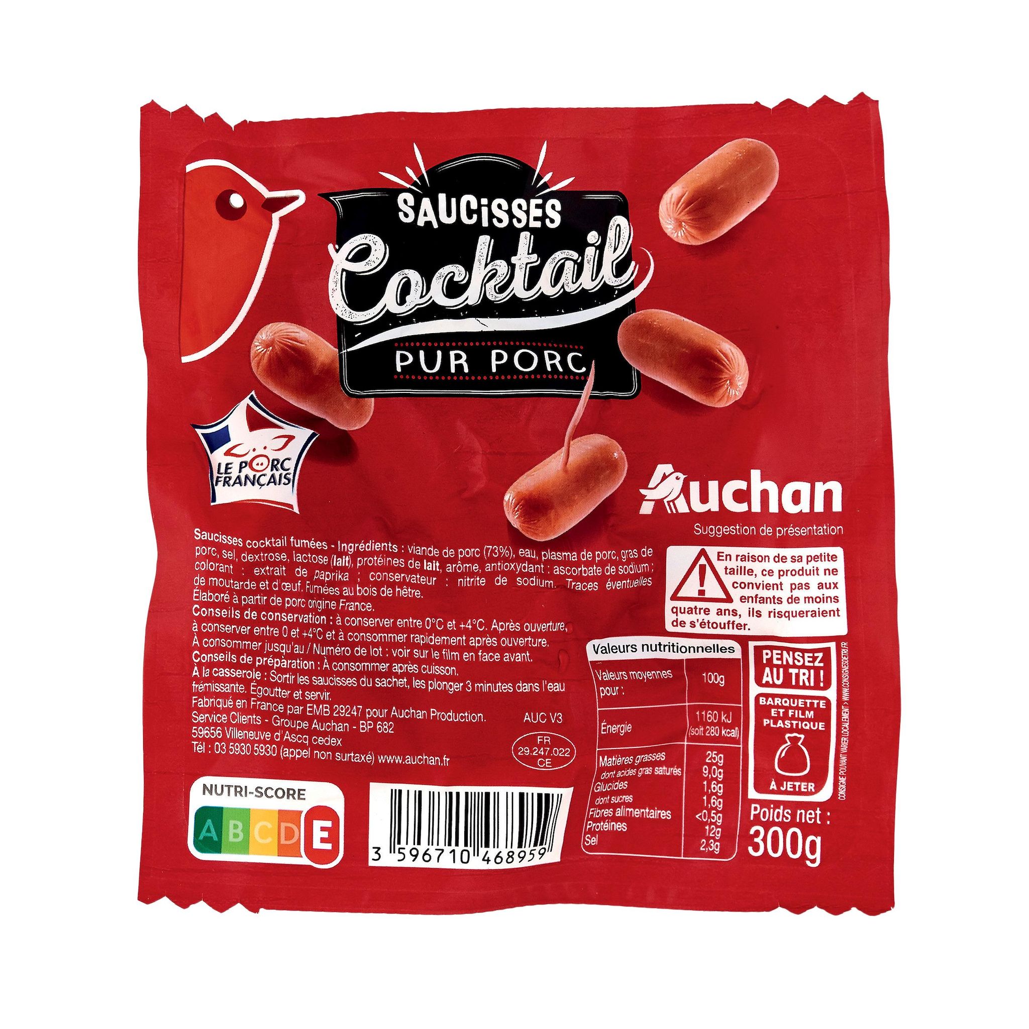 Voir la diapositive 2 : AUCHAN Saucisses cocktail pur porc 300g