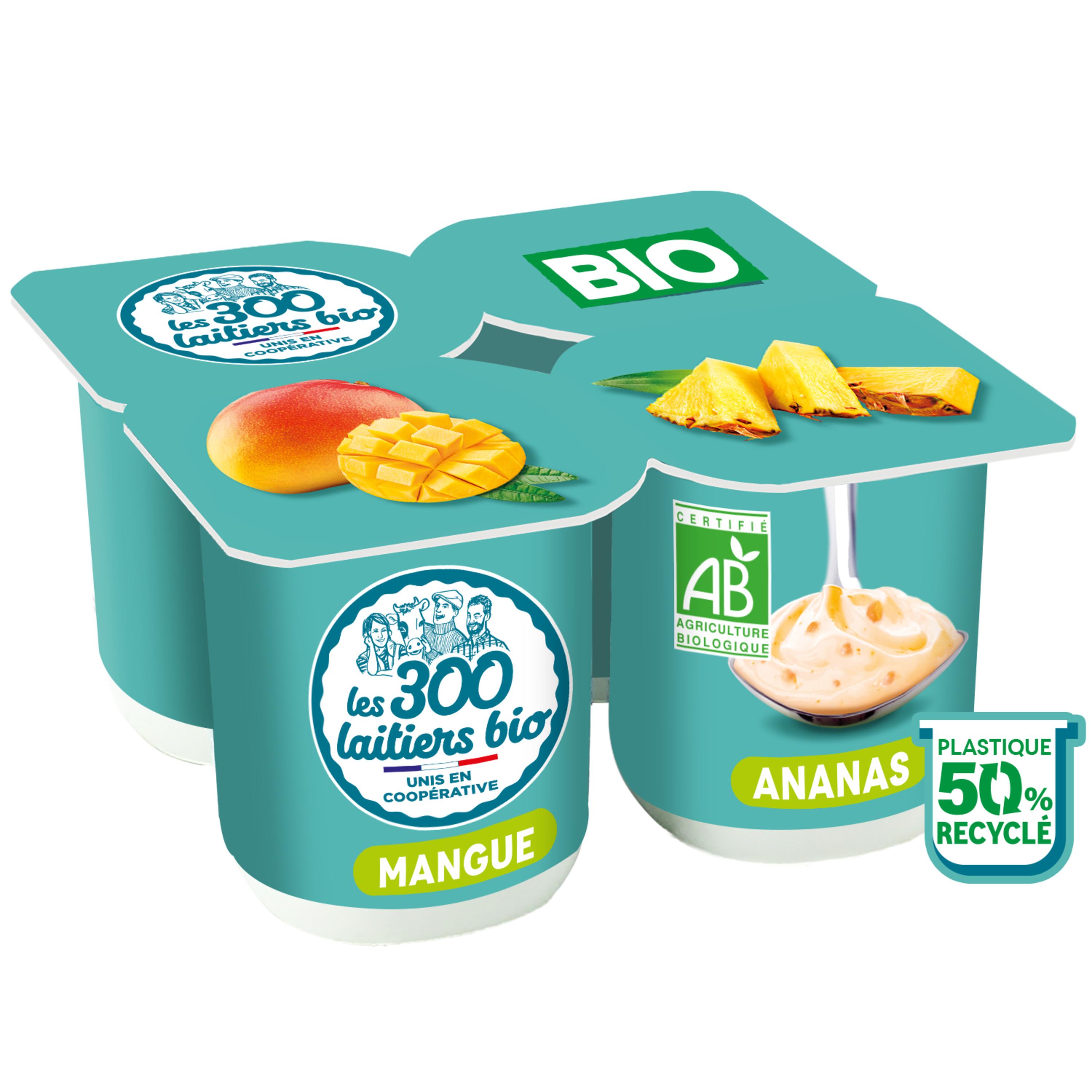 Voir la diapositive 2 : LES 300 LAITIERS BIO Yaourt avec morceaux panaché mangue ananas 4x125g