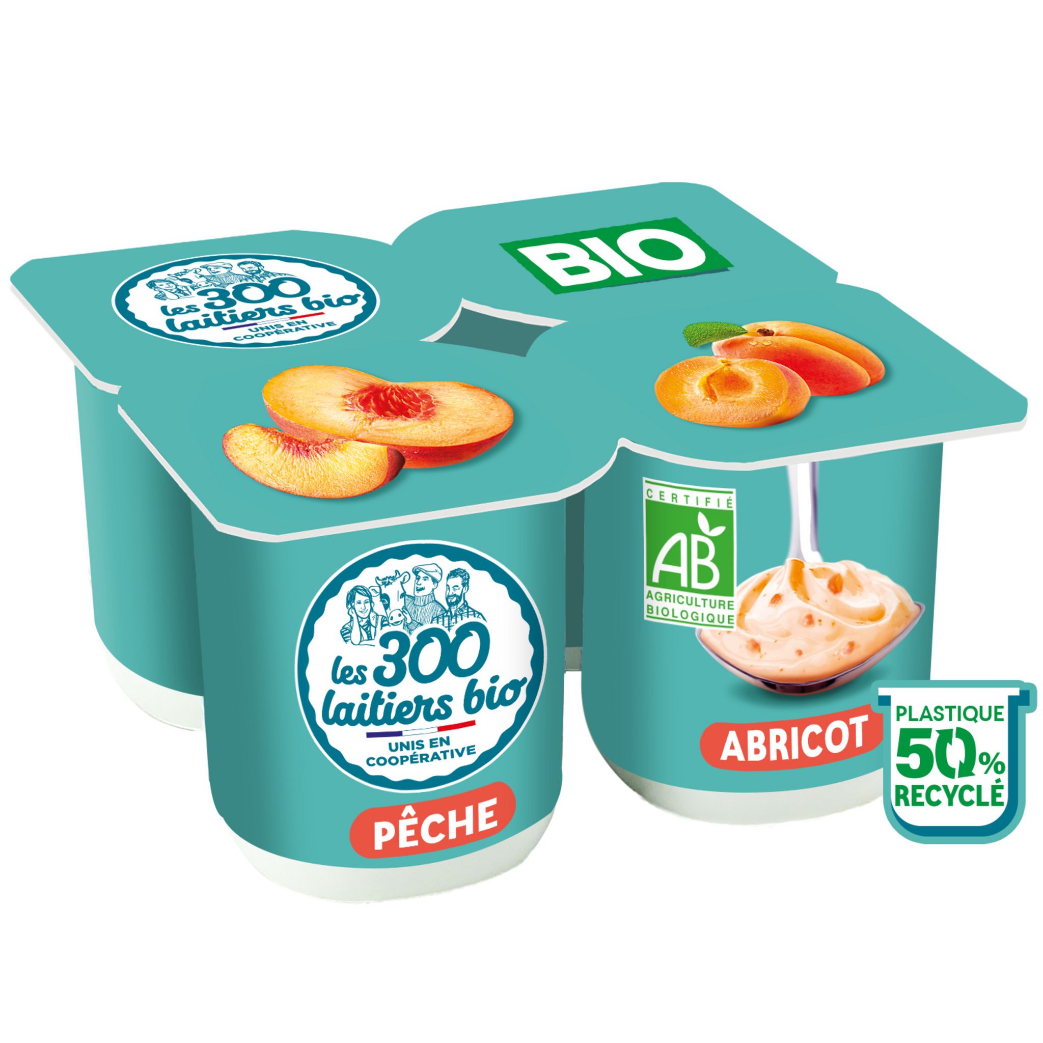 Voir la diapositive 2 : LES 300 LAITIERS BIO Yaourt brassé abricot et pêche 4x125g