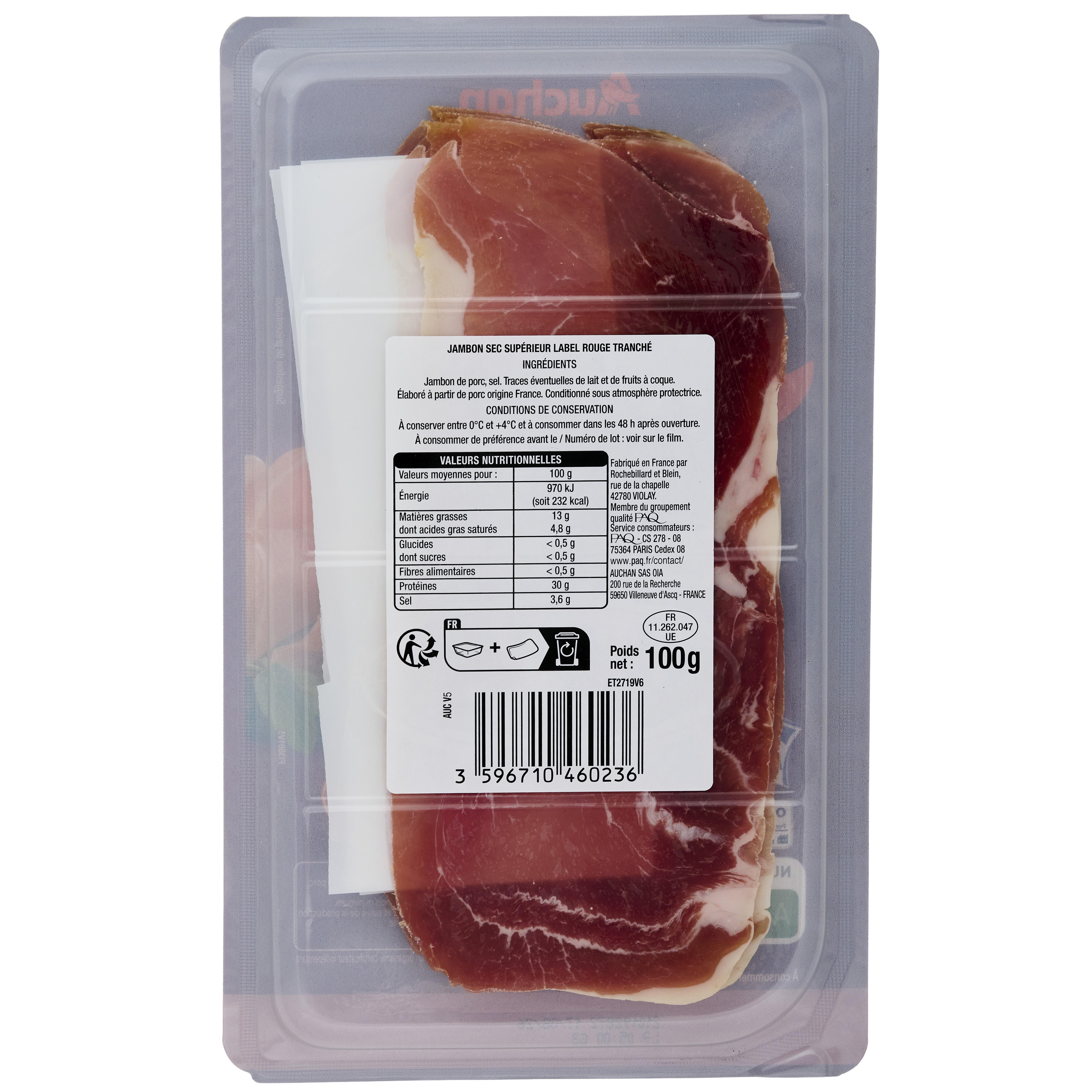 Voir la diapositive 2 : AUCHAN Jambon sec label rouge 9 mois d'affinage 6 tranches 100g