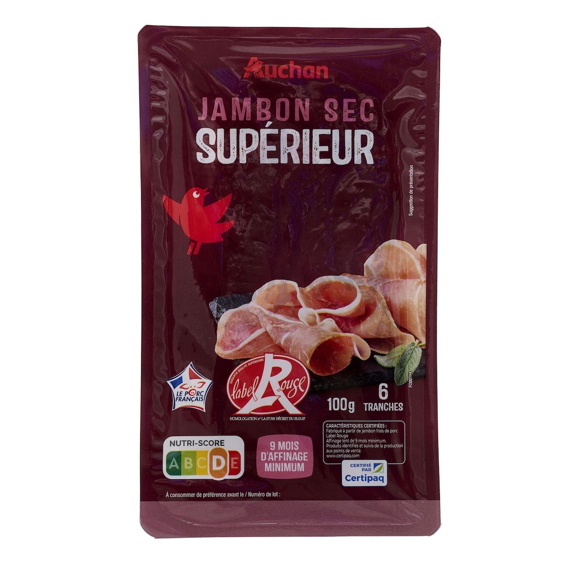 AUCHAN Jambon sec label rouge 9 mois d'affinage 6 tranches 100g