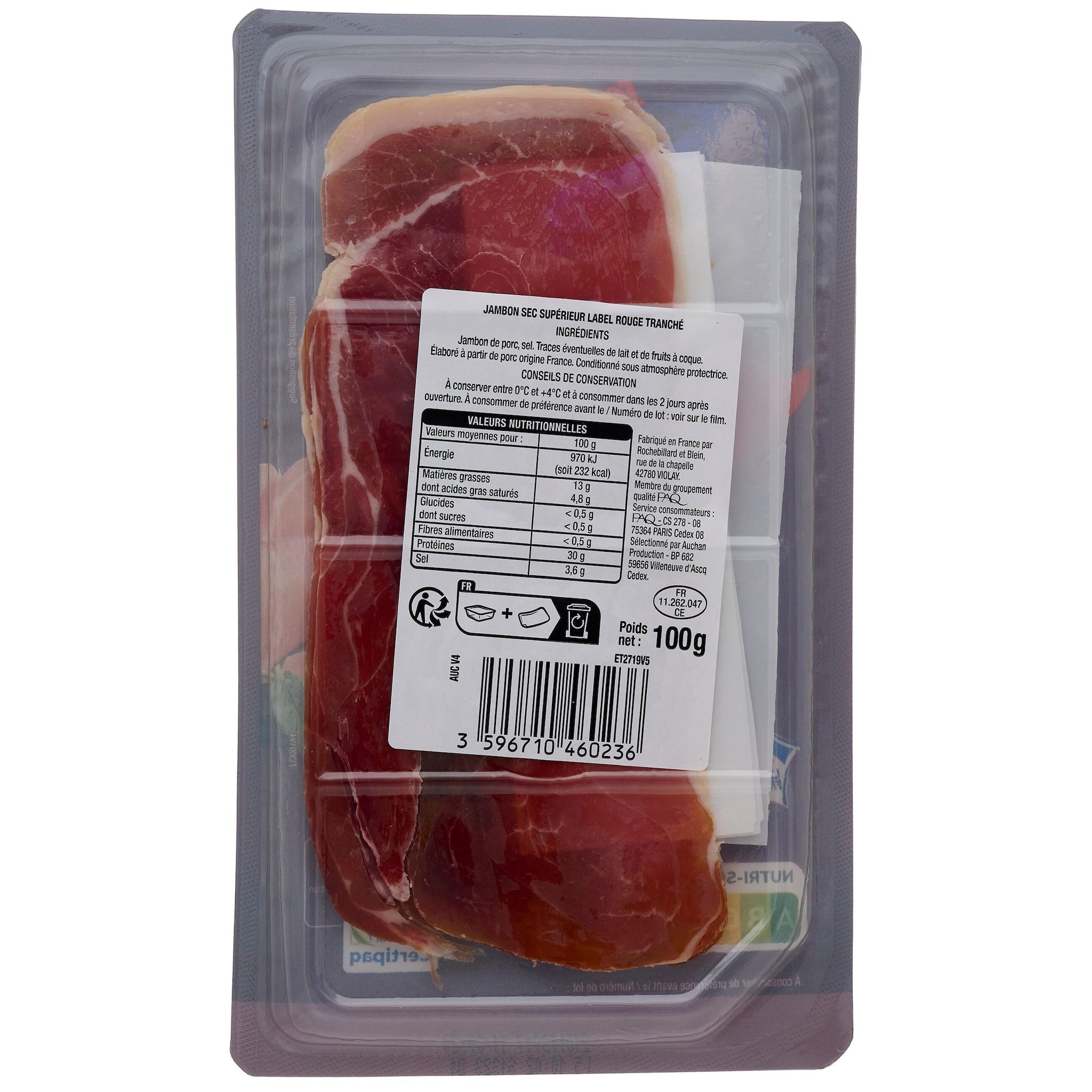 Voir la diapositive 3 : AUCHAN Jambon sec label rouge 9 mois d'affinage 6 tranches 100g