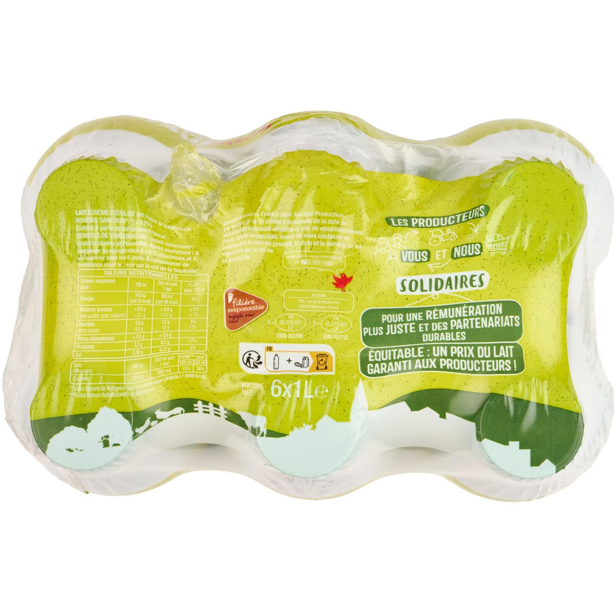 AUCHAN SOLIDAIRES CULTIVONS LE BON Lait écrémé UHT 6x1L