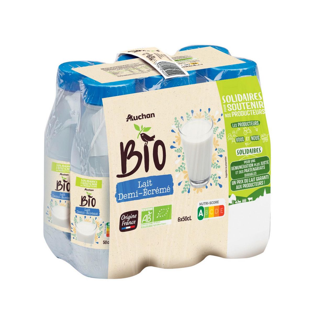 AUCHAN SOLIDAIRES BIO CULTIVONS LE BON Lait demi-écrémé UHT 6x50cl