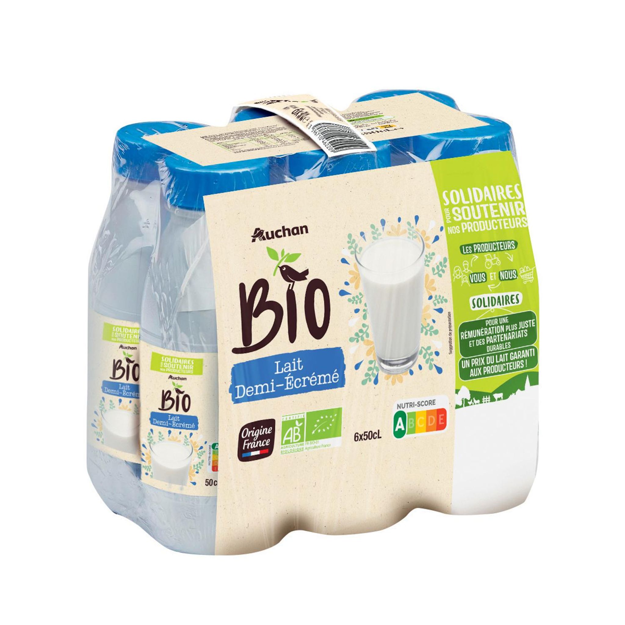 Voir la diapositive 2 : AUCHAN SOLIDAIRES BIO CULTIVONS LE BON Lait demi-écrémé UHT 6x50cl