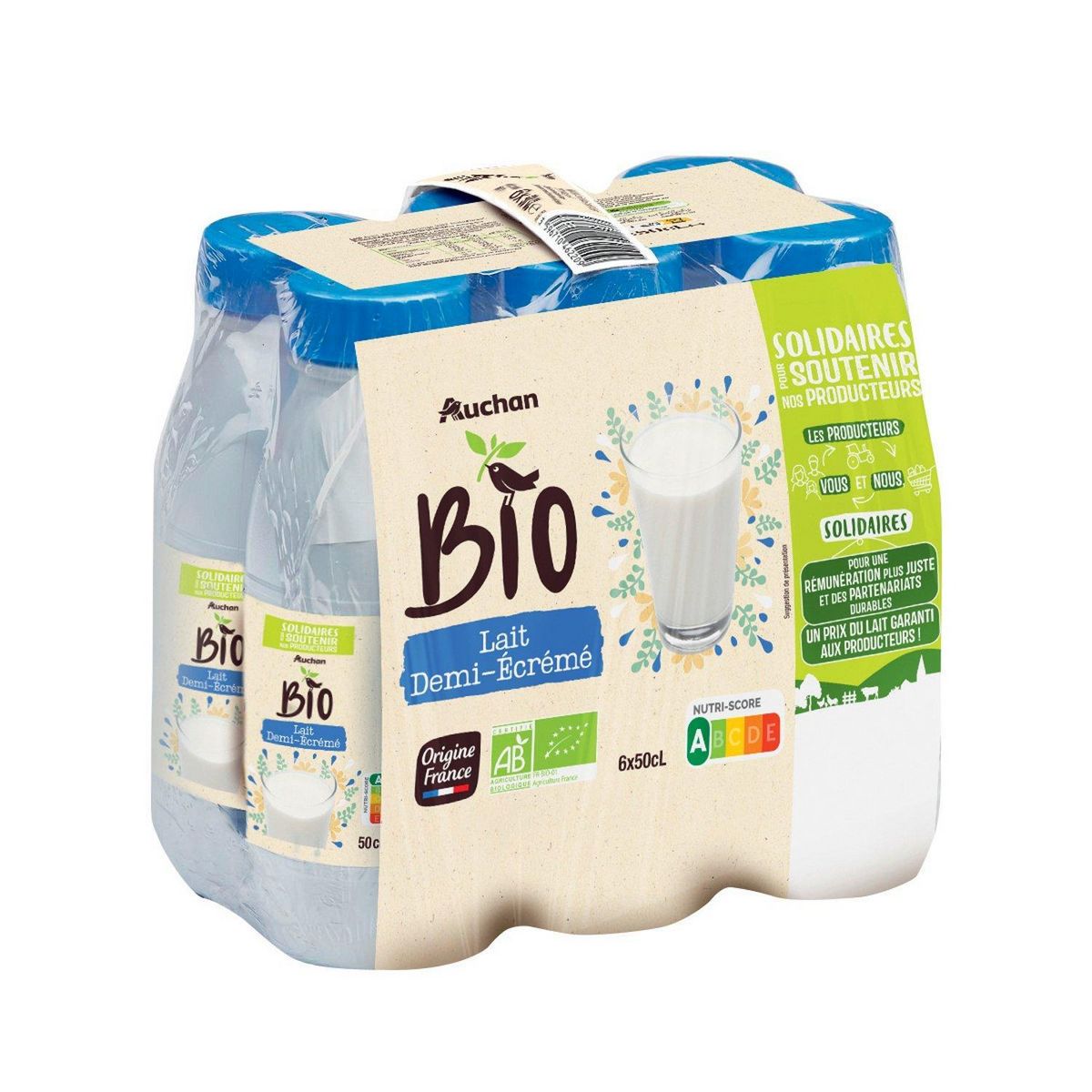 AUCHAN SOLIDAIRES BIO CULTIVONS LE BON Lait demi-écrémé UHT 6x50cl