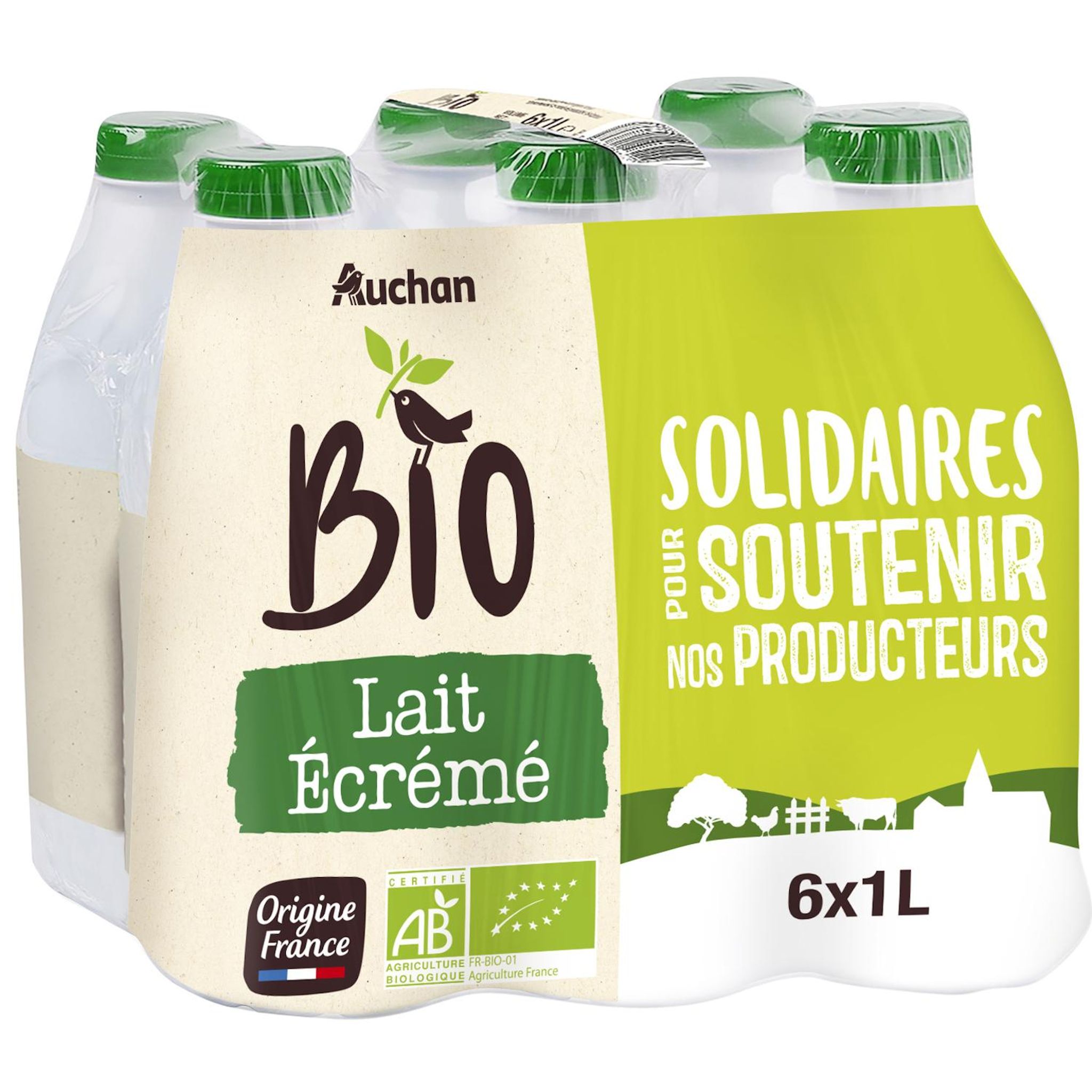 Voir la diapositive 2 : AUCHAN SOLIDAIRES BIO CULTIVONS LE BON Lait écrémé UHT 6x1L
