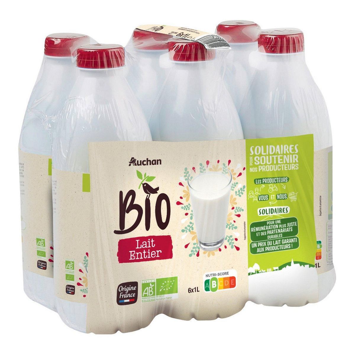 AUCHAN SOLIDAIRES BIO CULTIVONS LE BON Lait entier UHT 6x1L