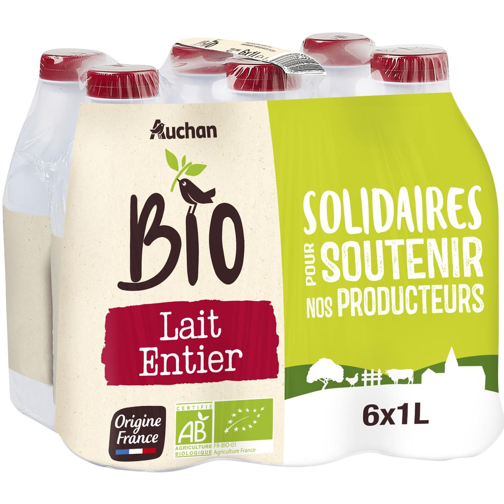 Voir la diapositive 2 : AUCHAN SOLIDAIRES BIO CULTIVONS LE BON Lait entier UHT 6x1L