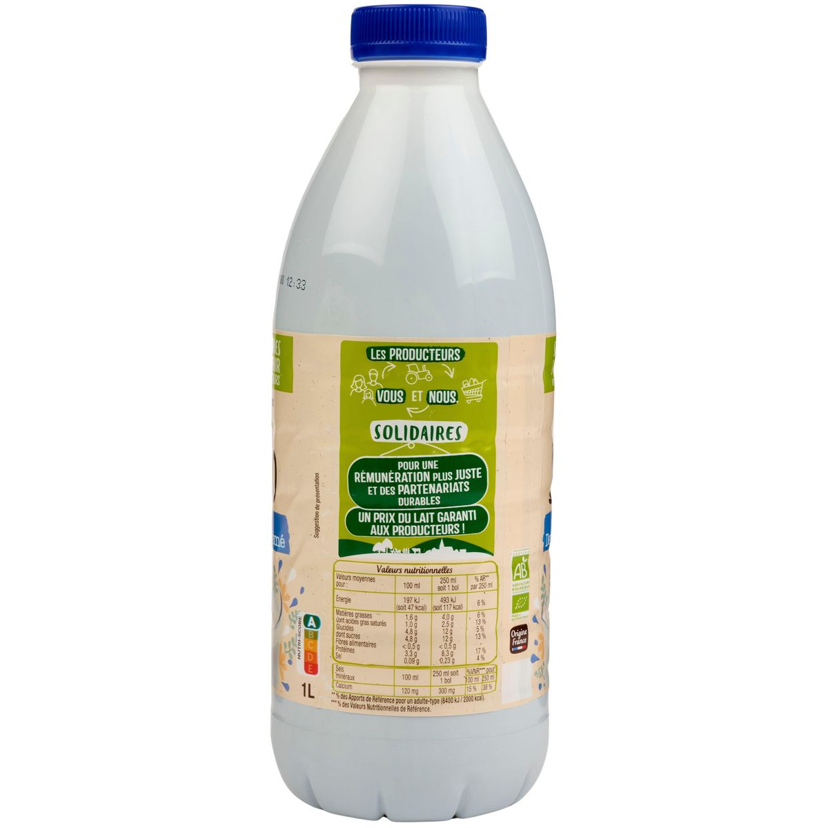 AUCHAN SOLIDAIRES BIO CULTIVONS LE BON - Lait demi-écrémé stérilisé UHT 1L