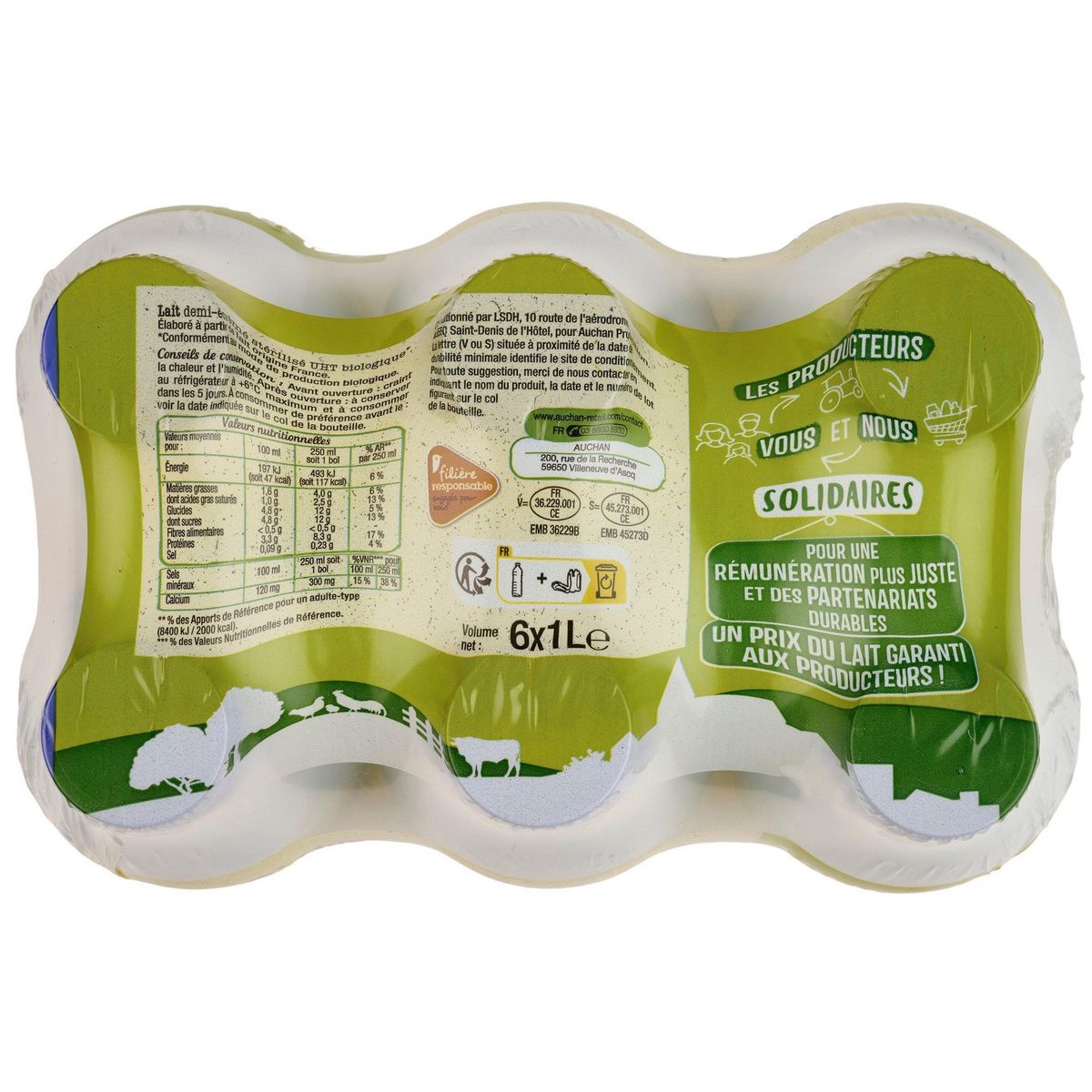AUCHAN BIO CULTIVONS LE BON - Lait demi-écrémé stérilisé UHT 6x1l