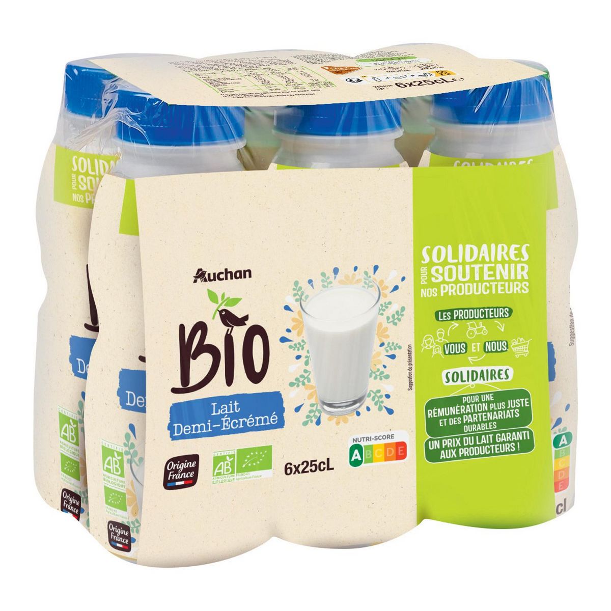 AUCHAN SOLIDAIRES BIO CULTIVONS LE BON Lait demi-écrémé UHT 6x25cl