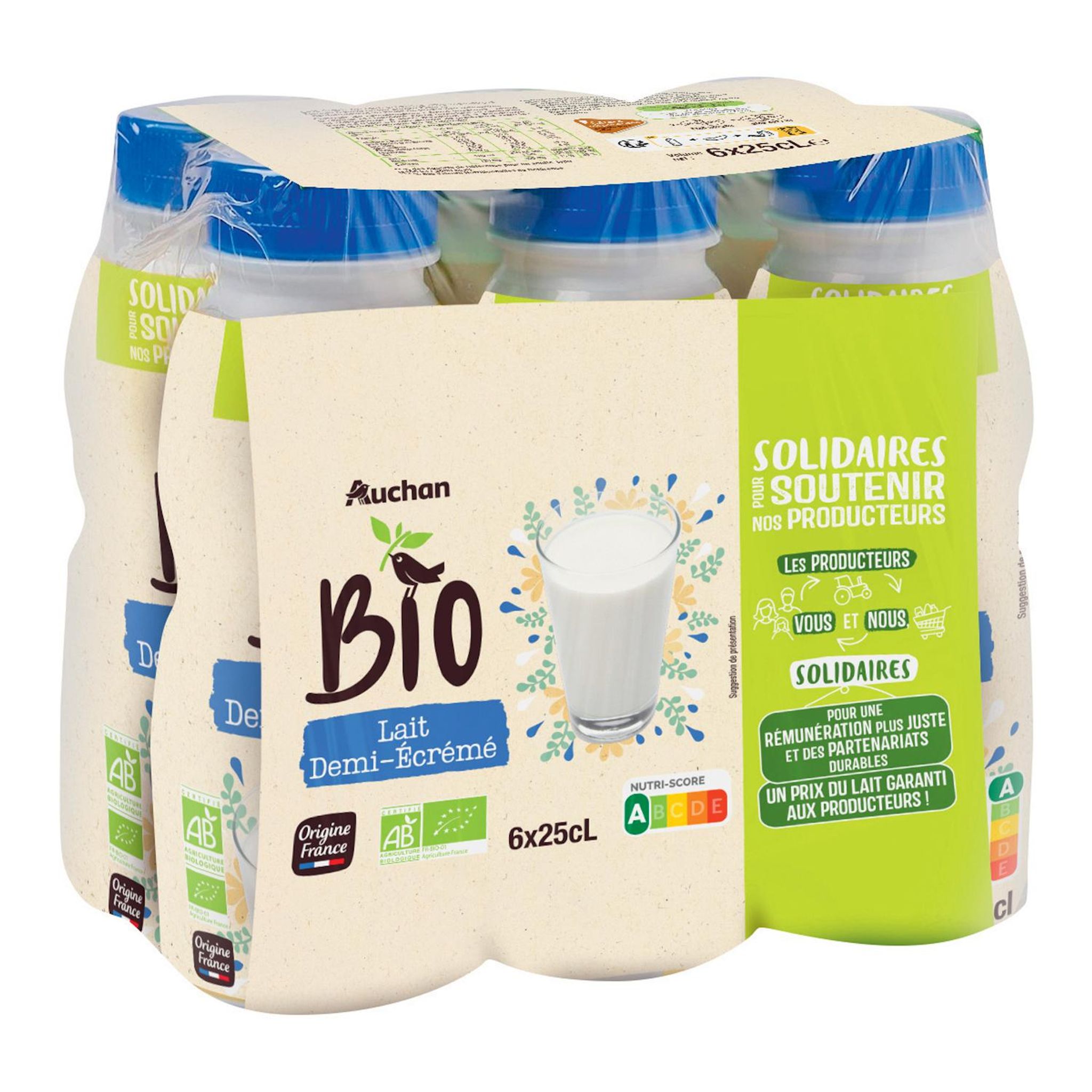 Voir la diapositive 4 : AUCHAN SOLIDAIRES BIO CULTIVONS LE BON Lait demi-écrémé UHT 6x25cl