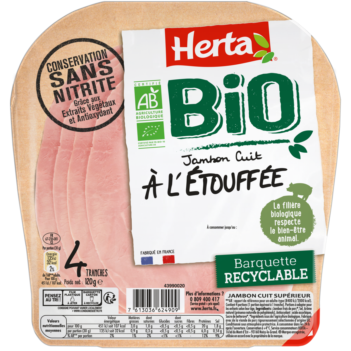 HERTA Jambon cuit à l'étouffée bio sans nitrite 4 tranches 120g