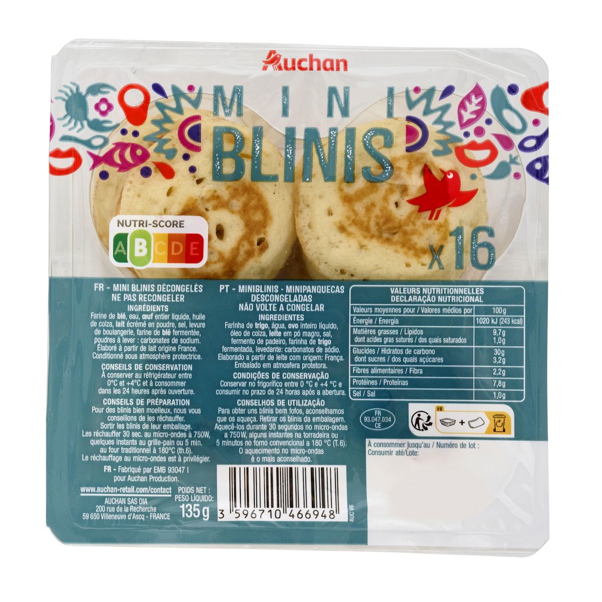 AUCHAN Blinis mini fins et moelleux 16 pièces 135g