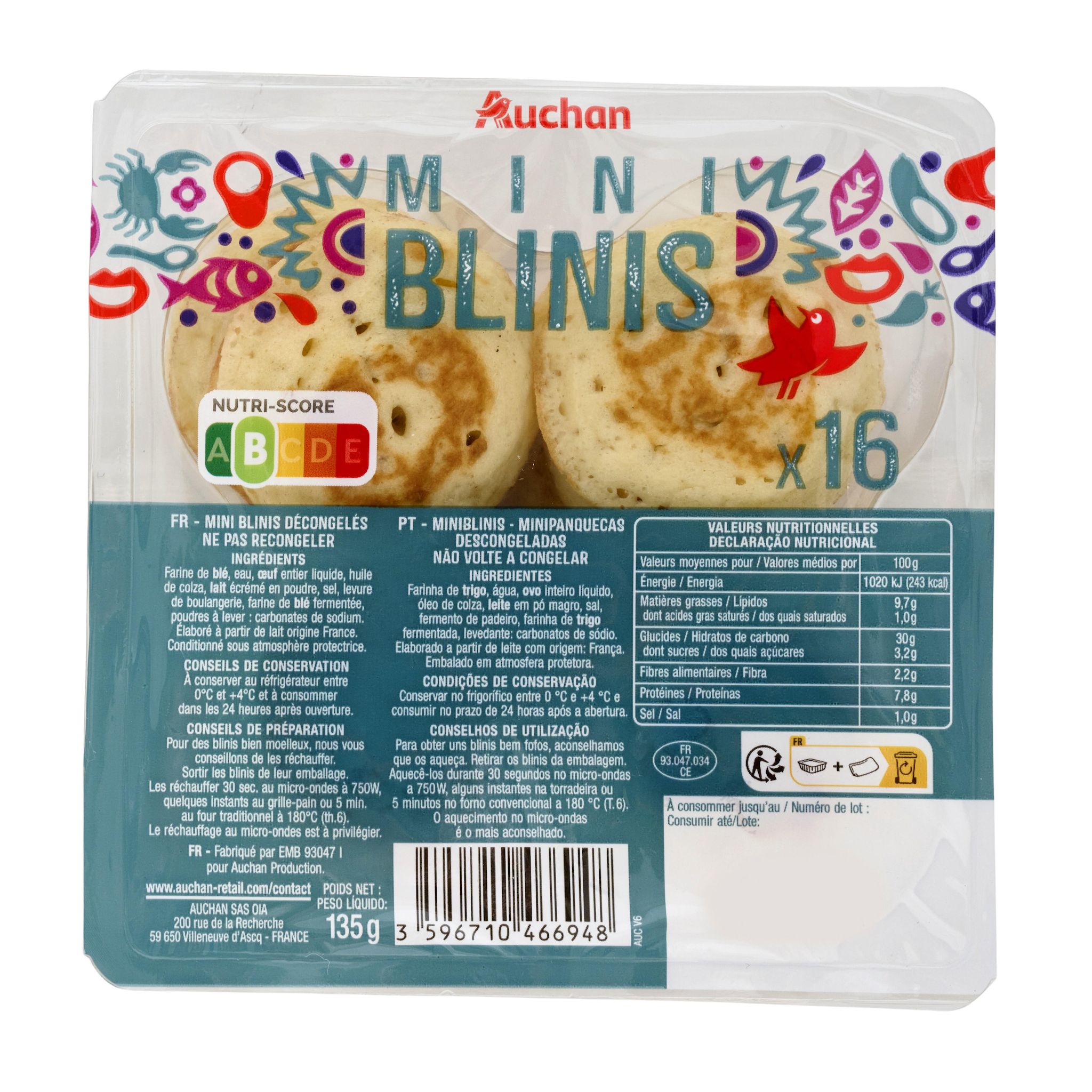 Voir la diapositive 2 : AUCHAN Blinis mini fins et moelleux 16 pièces 135g