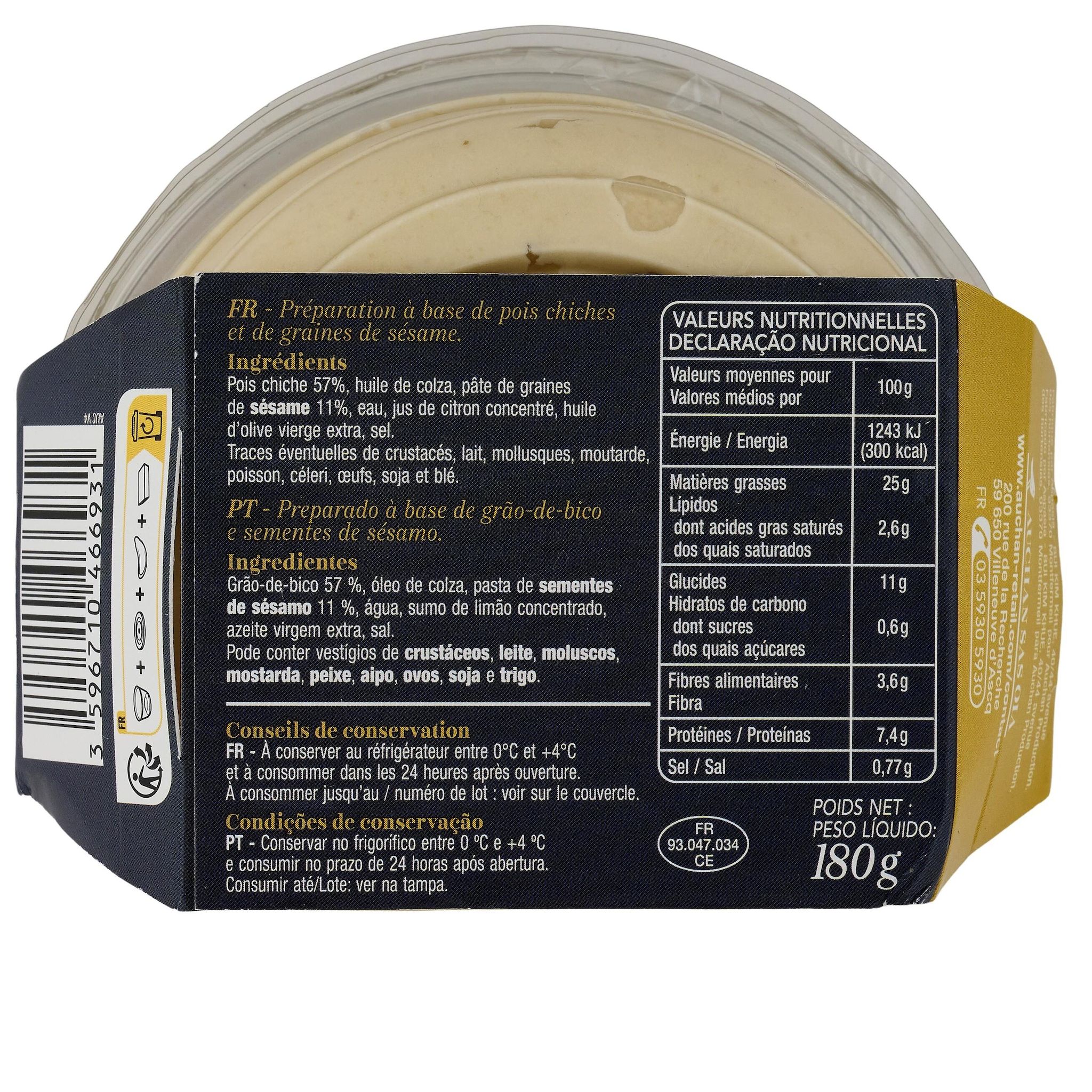 Voir la diapositive 2 : AUCHAN COLLECTION Houmous pois chiche et graine de sésame 180g