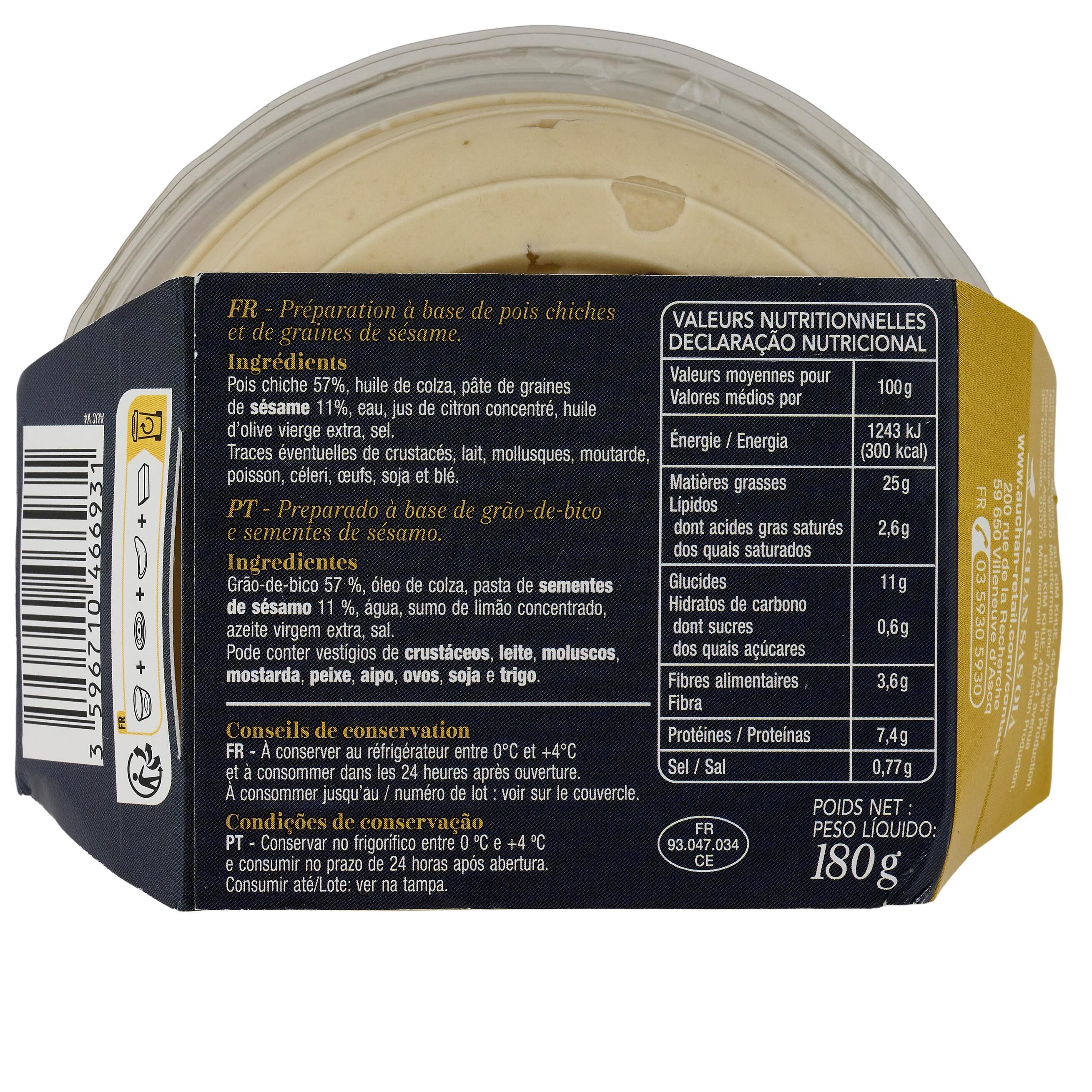 Voir la diapositive 4 : AUCHAN COLLECTION Houmous pois chiche et graine de sésame 180g