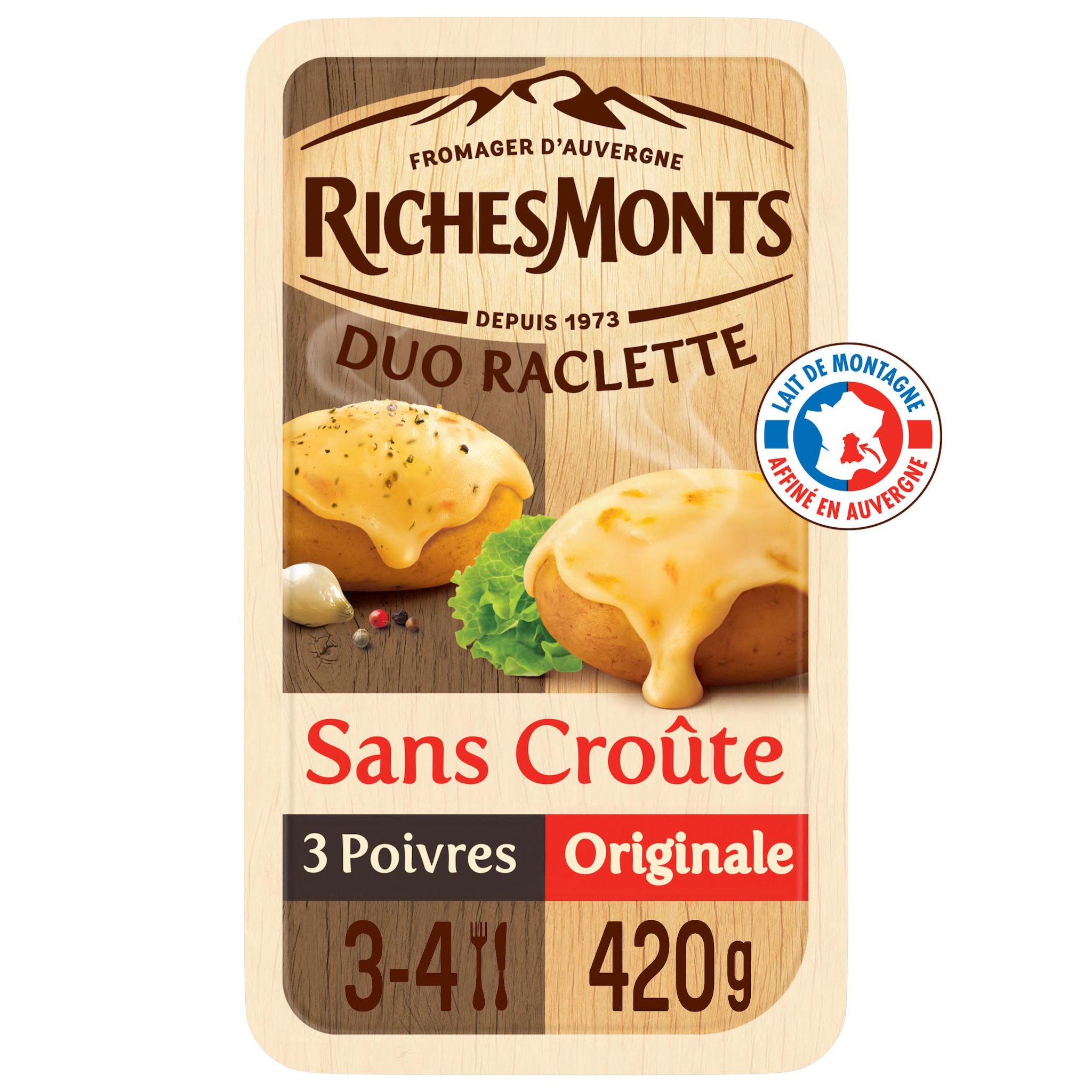 Voir la diapositive 2 : RICHESMONTS Fromage à raclette nature et poivre sans croûte 2x8 tranches 420g