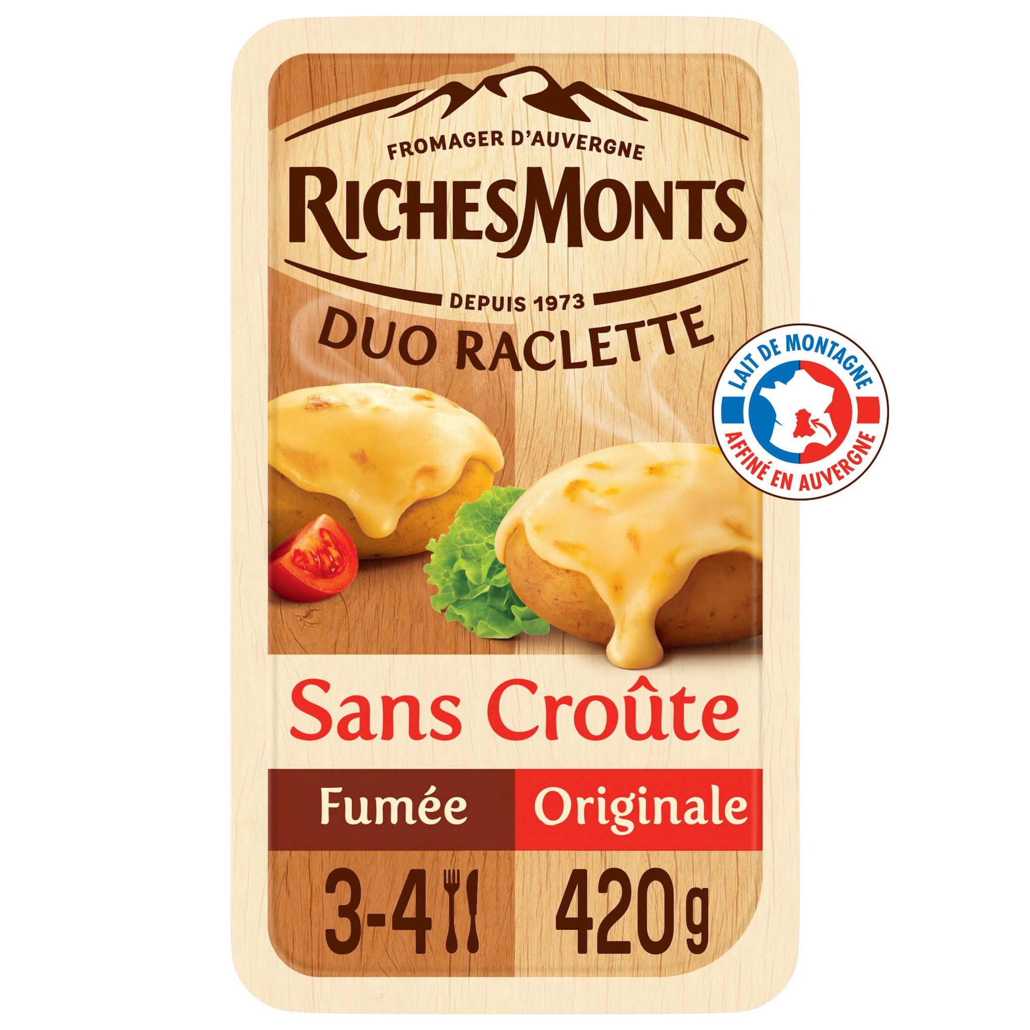 Voir la diapositive 2 : RICHESMONTS Duo Raclette Fromage nature et fumée sans croûte 2x8 tranches 420g