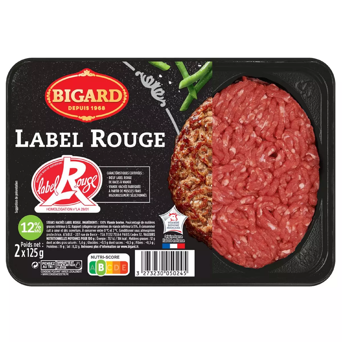 BIGARD Steaks hachés pur boeuf 12% mg label rouge 2x125g