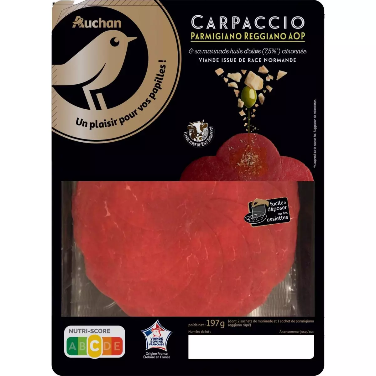 AUCHAN GOURMET Carpaccio au Parmigiano Raggiano AOP marinade huile d'olive citronnée 197g