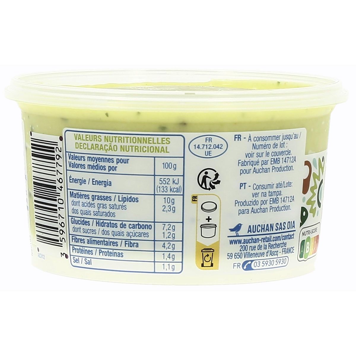 AUCHAN Guacamole morceaux d'avocat et poivron tartinables 200g