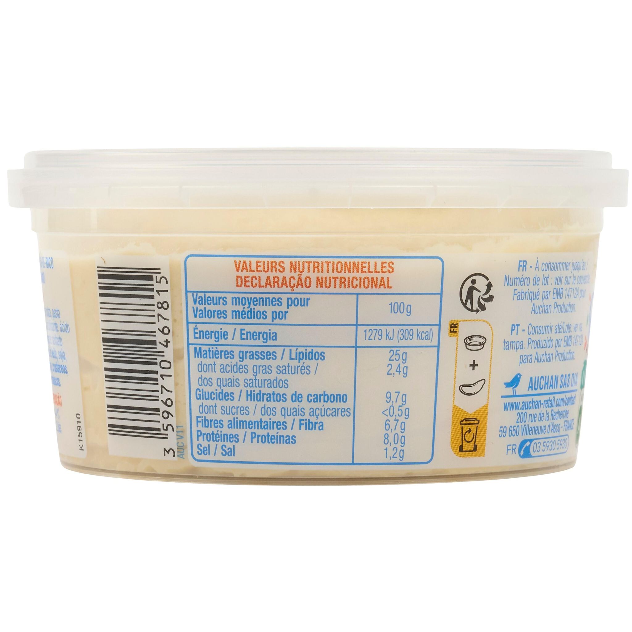 Voir la diapositive 3 : AUCHAN Tartinable houmous aux pois chiches 200g