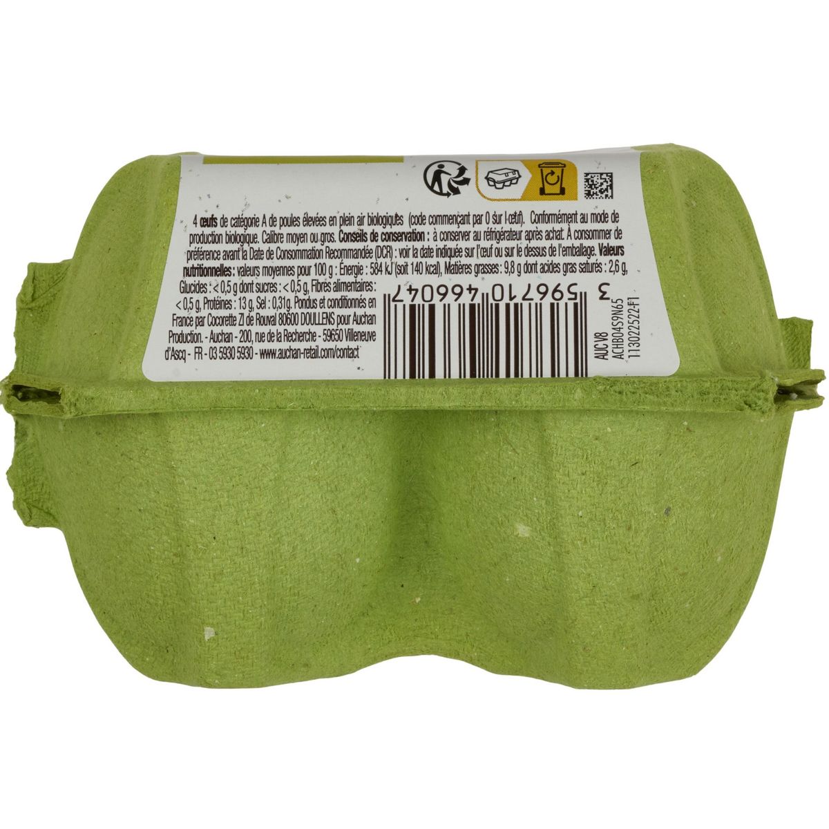 AUCHAN SOLIDAIRES BIO CULTIVONS LE BON Oeufs de poules élevées en plein air 4 pièces