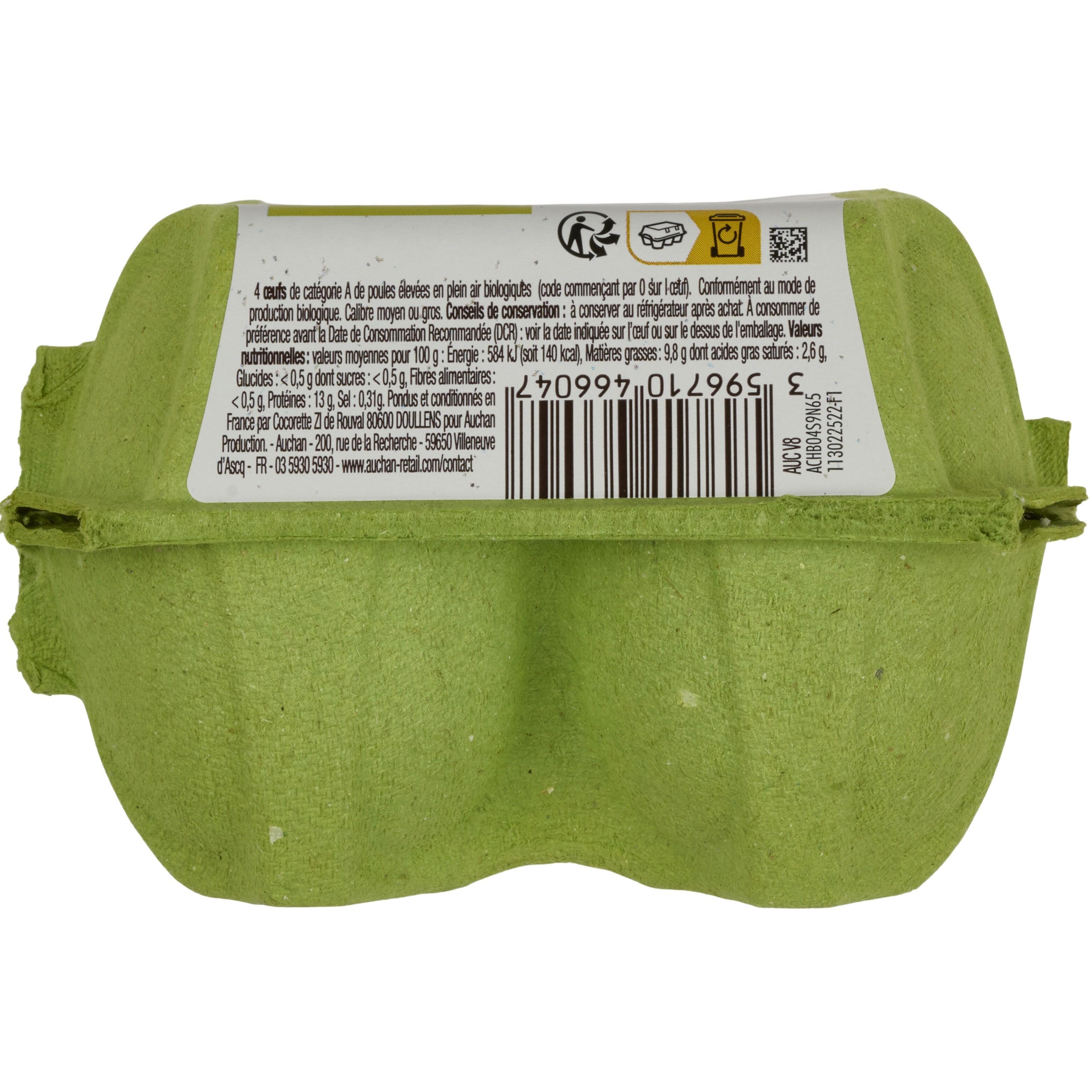Voir la diapositive 4 : AUCHAN SOLIDAIRES BIO CULTIVONS LE BON Oeufs de poules élevées en plein air 4 pièces